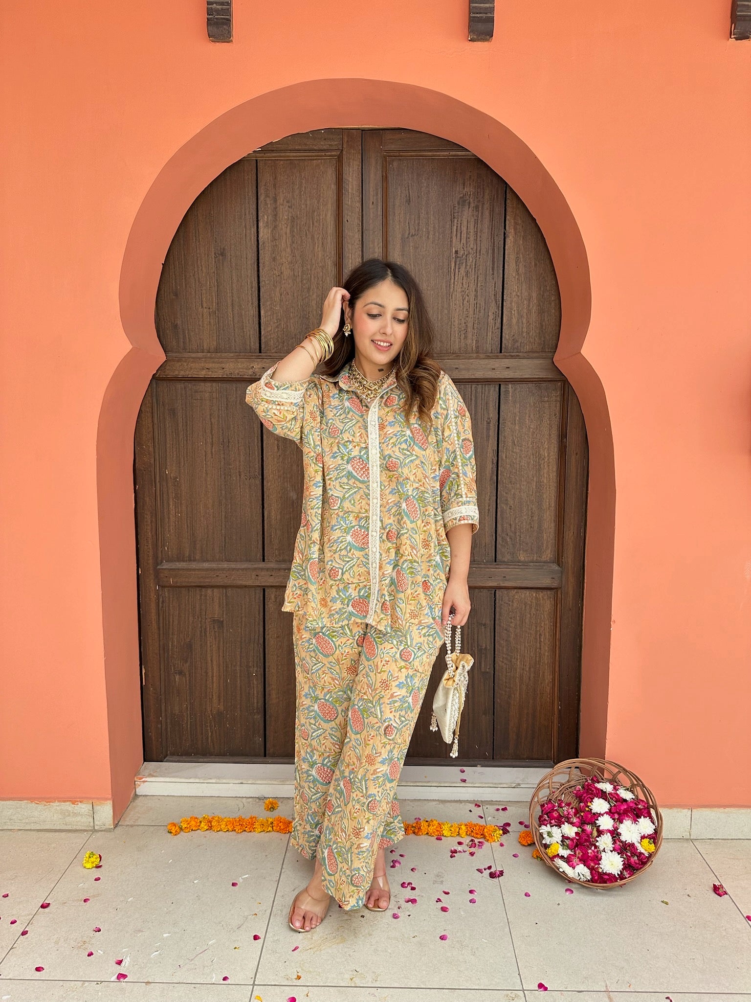 Poppy Glow Asymmetric Mulmul Co-ord Set