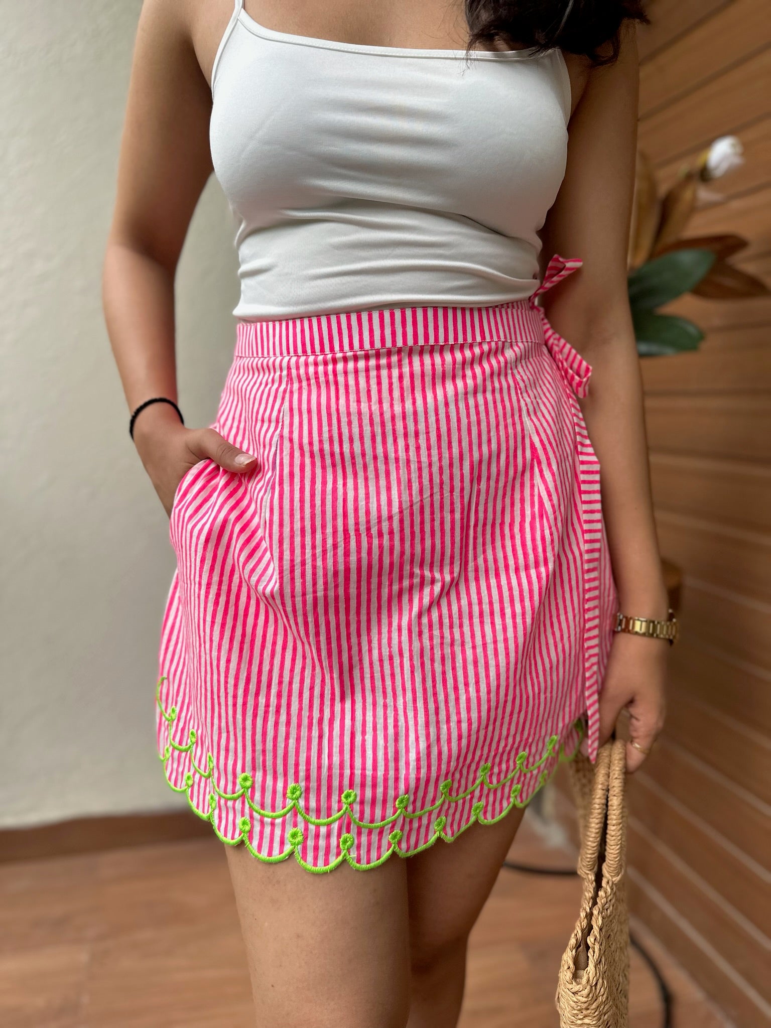 Pink Green Striped Embroidery Skort