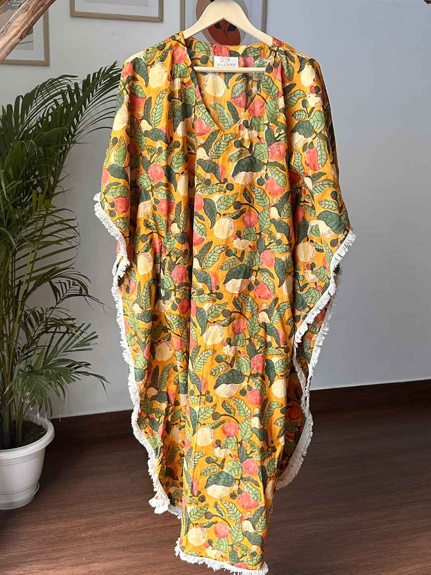 Tropical Print Yellow Kaftan Dress