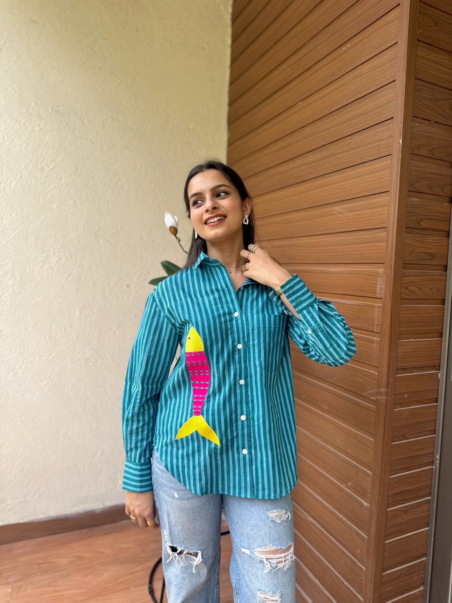 Teal Pink Contrast Fish Embroidery