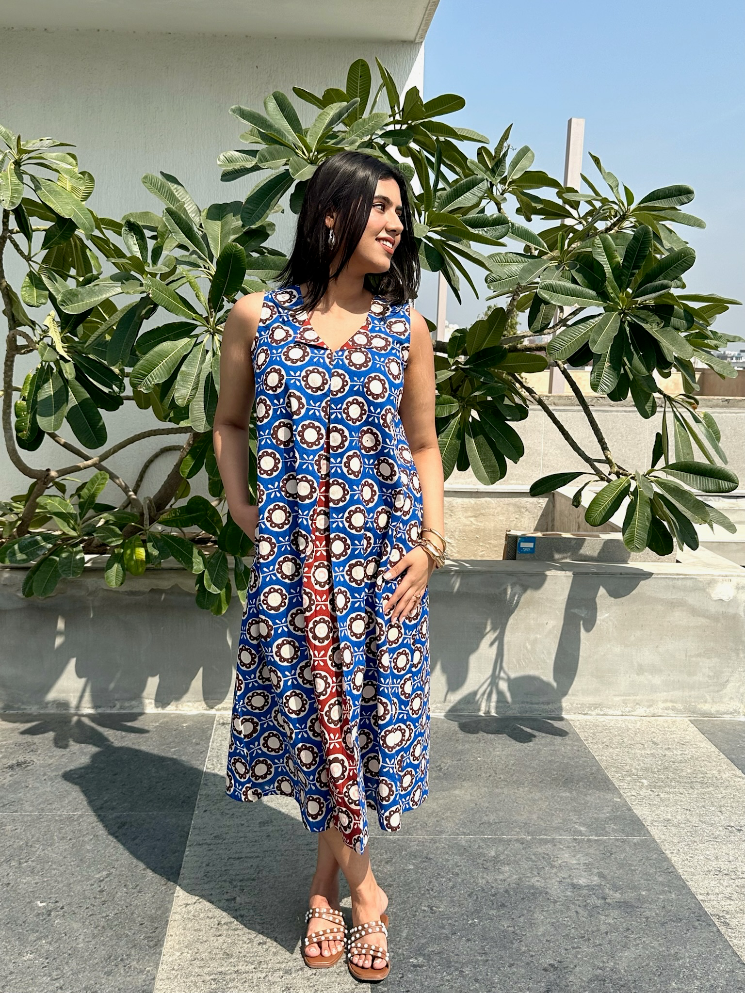 Abstract Floral Red Blue Midi Dress