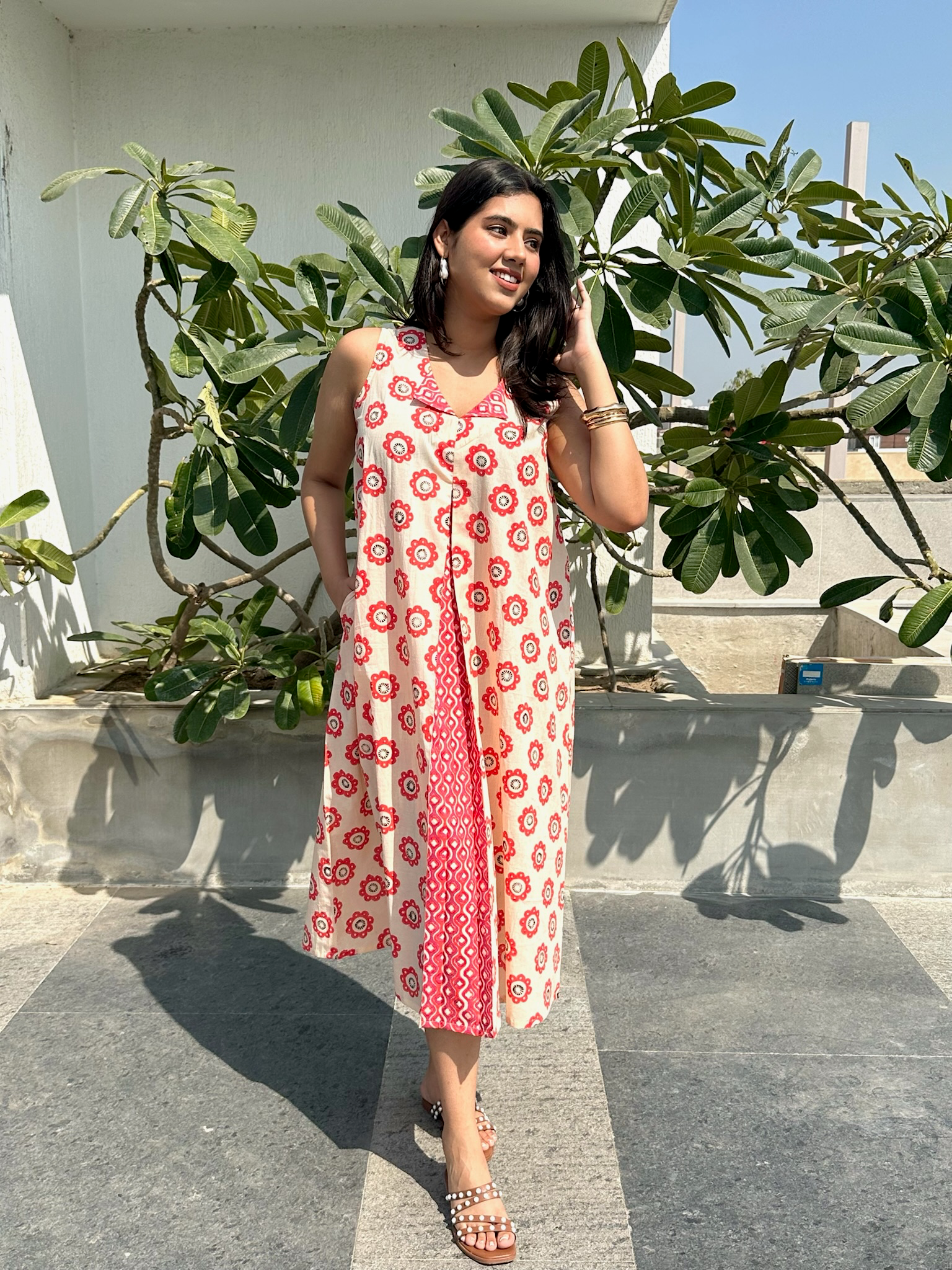 Abstract Floral Red Ivory Midi Dress