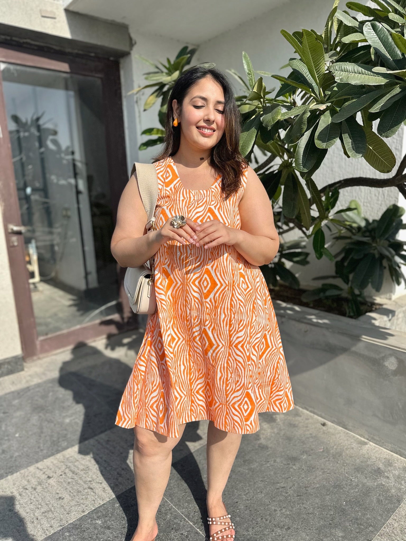 Abstract Striped Orange Shift Dress