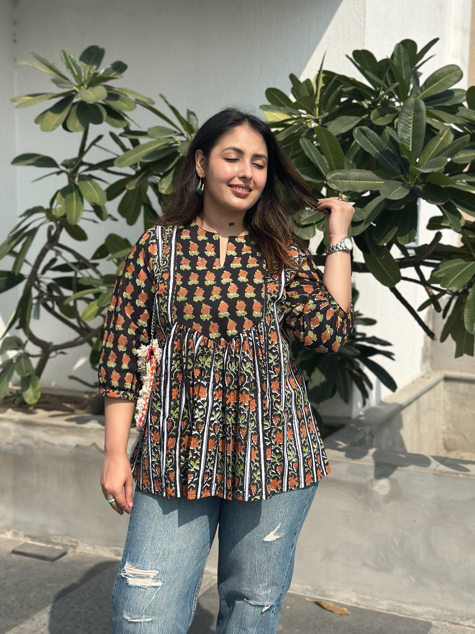 Black Narangi Gather Short Kurti