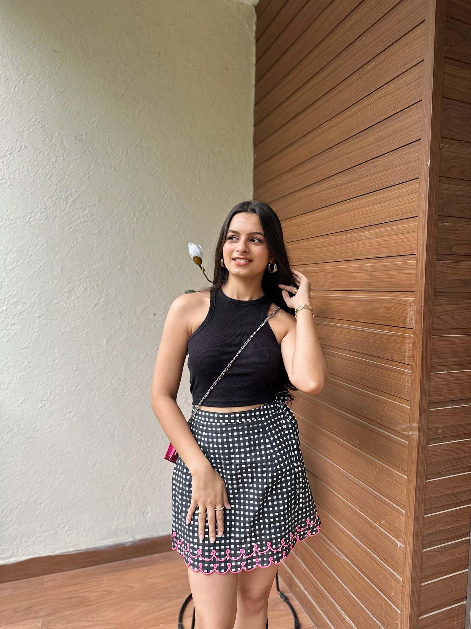Black Pink Squared Embroidery Skort
