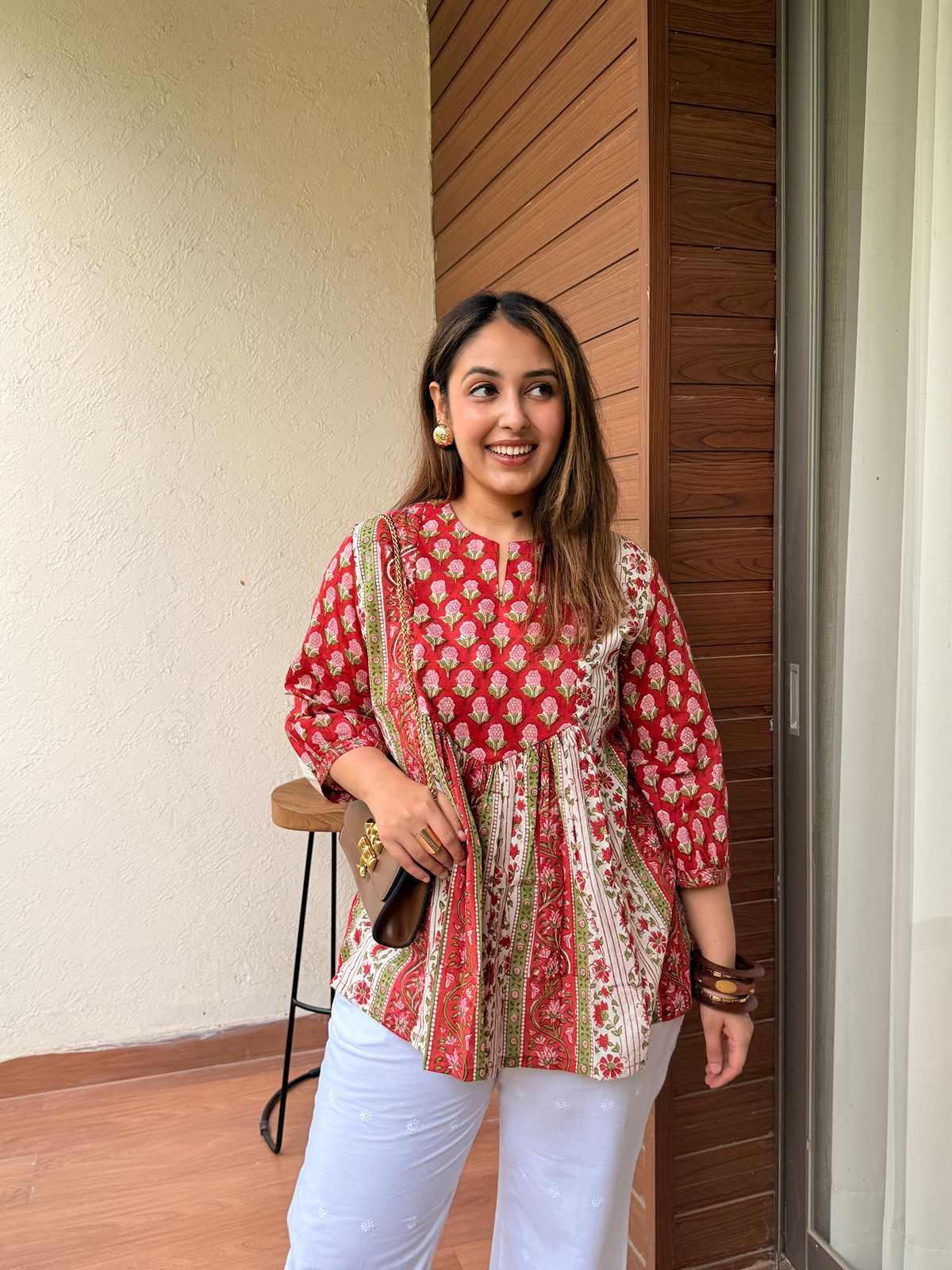 Cardinal Feather Red Gather Short Kurti