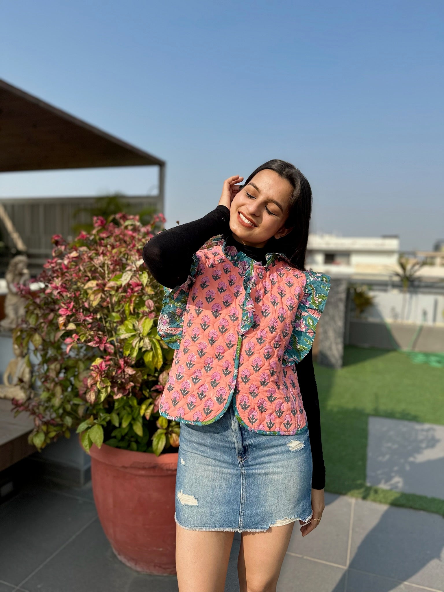 Deep Narangi Quilted Frill Jacket