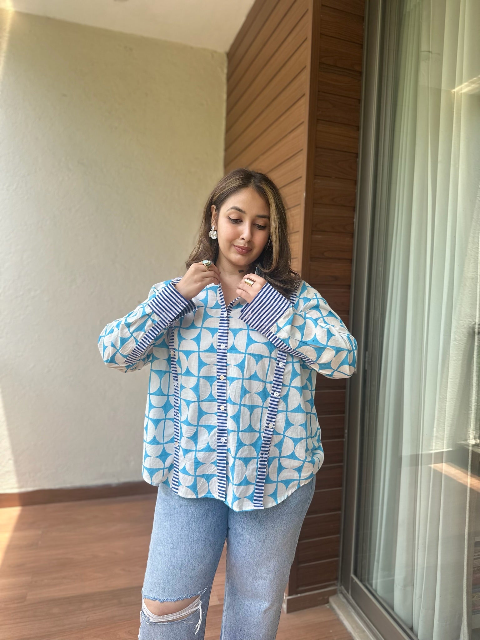 Exclusive Geometric Blue Multi Placket Shirt