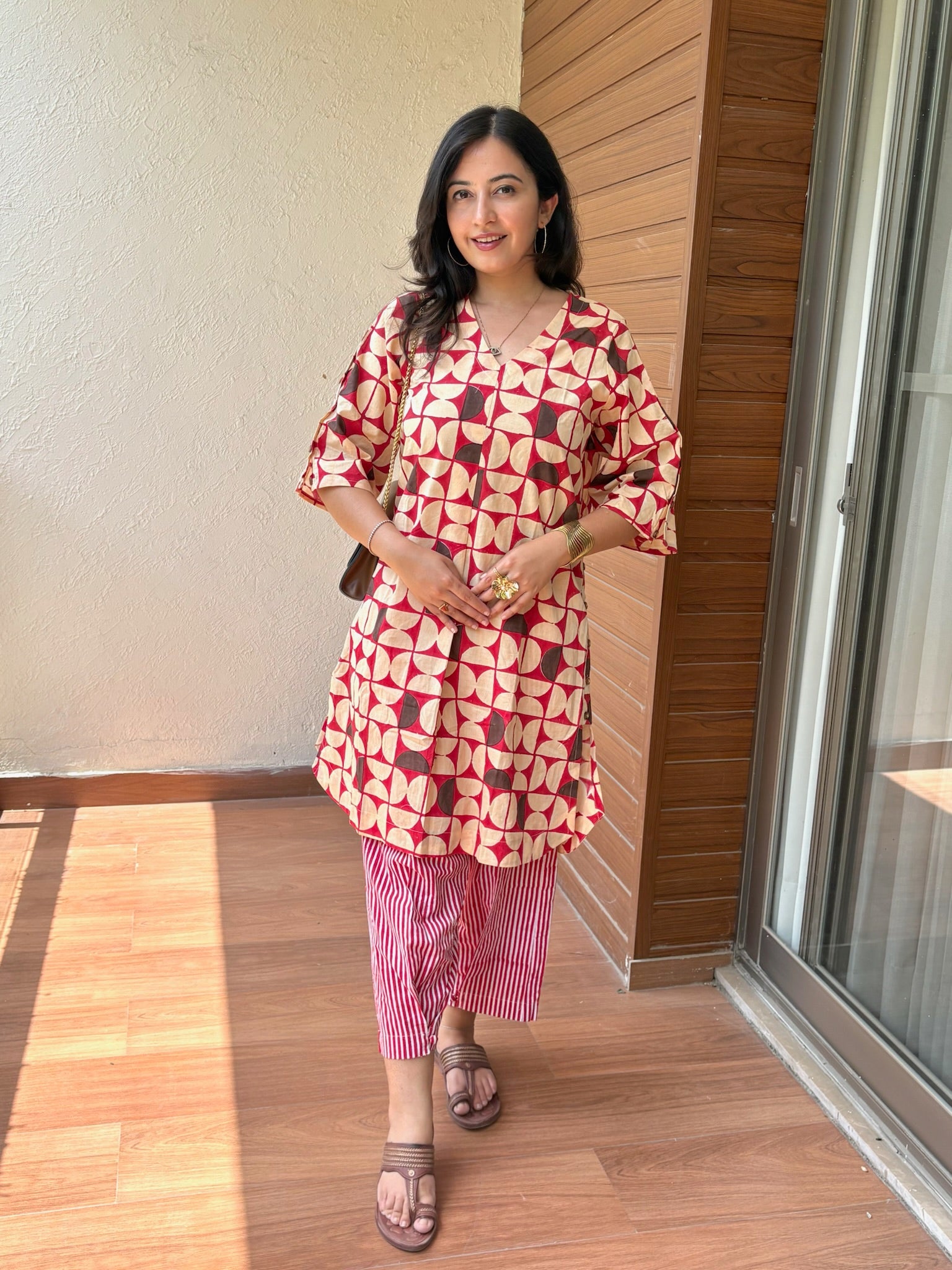 Geometric Red Side Placket Boxy Co-Ord Set