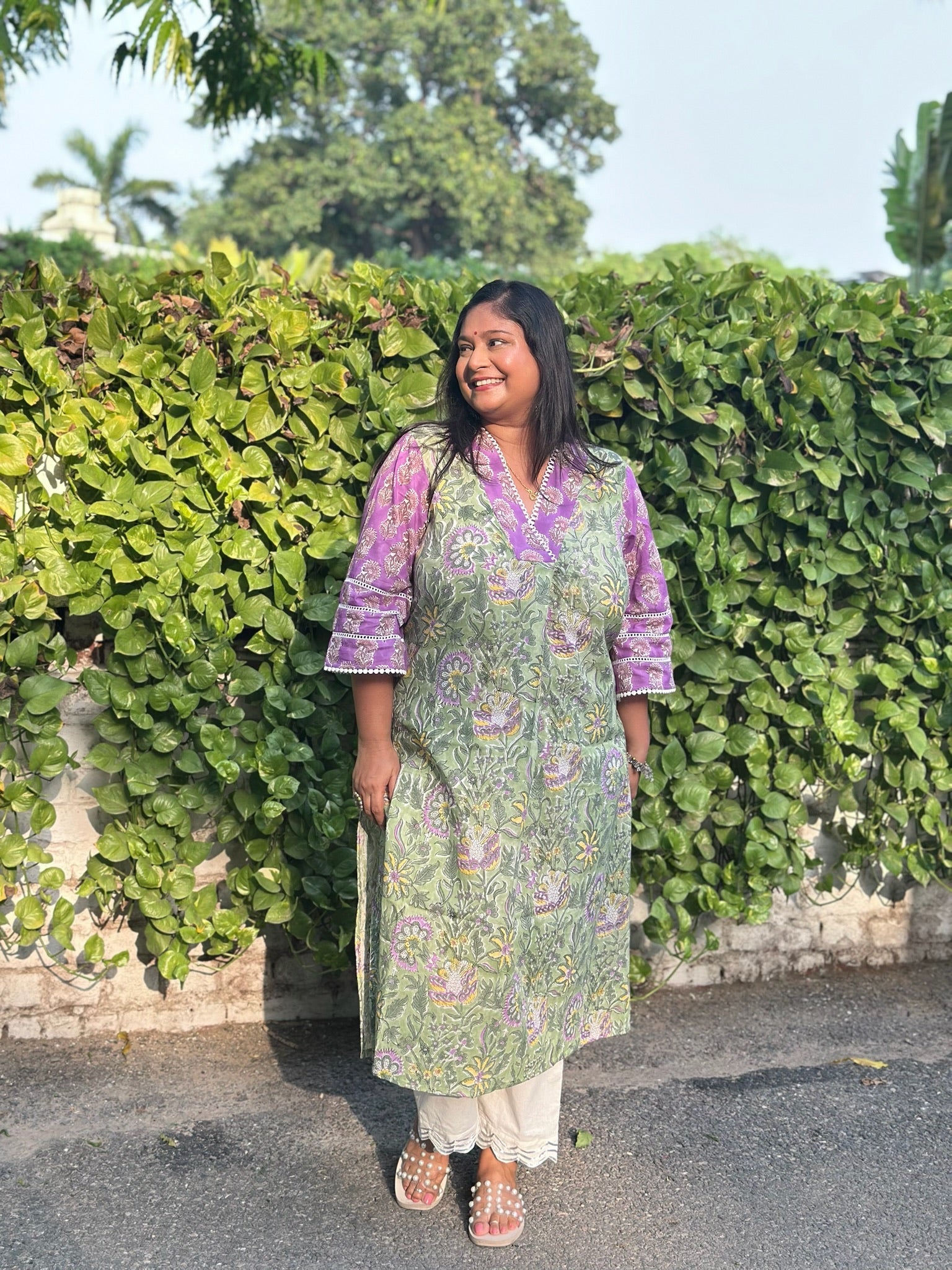 Green Purple Front Pleat Kurta