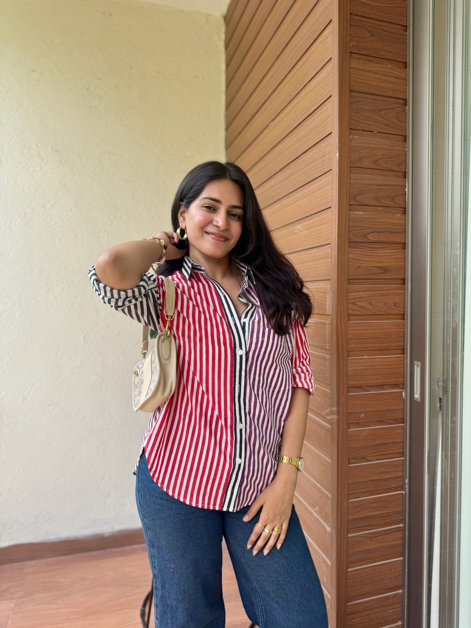 multi black red purple striped shirt