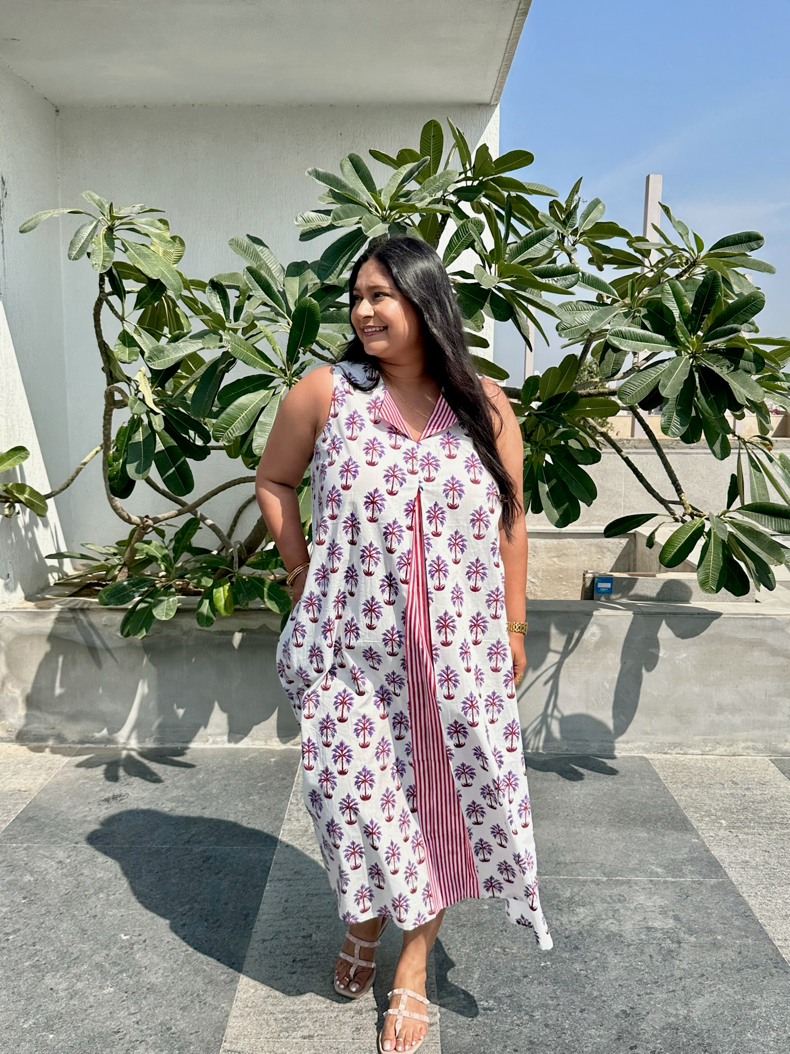 Palm Leaves Red and Purple Midi Dress