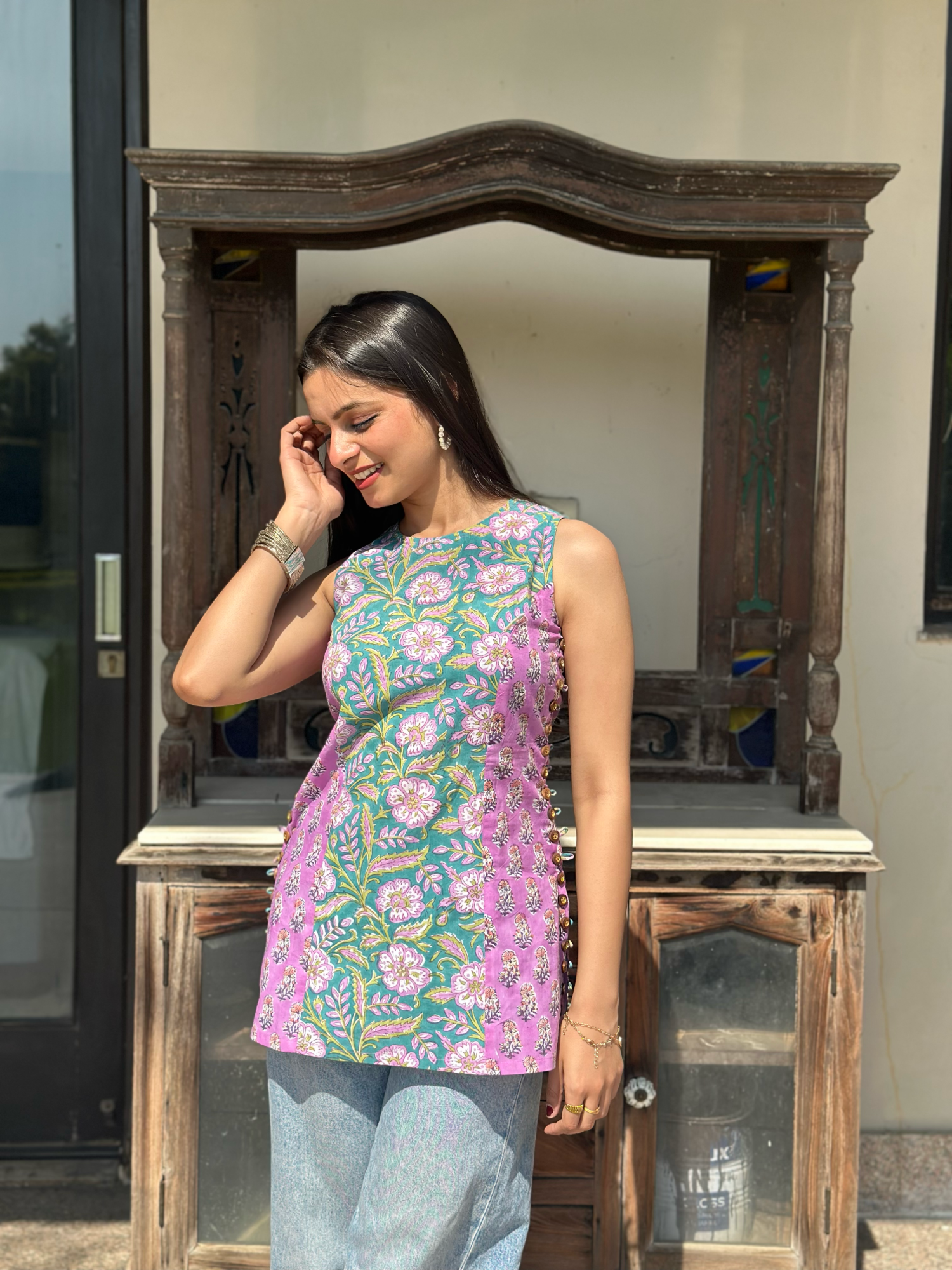 Pink Green Halter Short Kurti