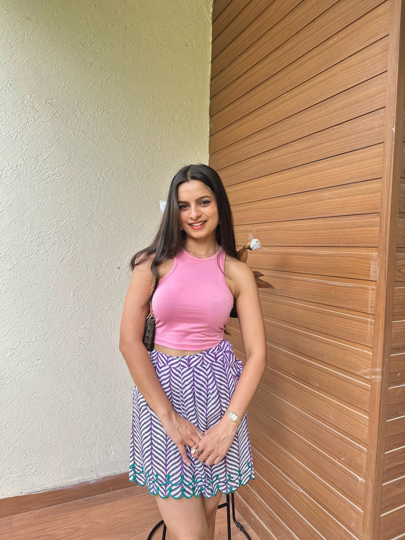 Plum Green Leafy Embroidery Skort