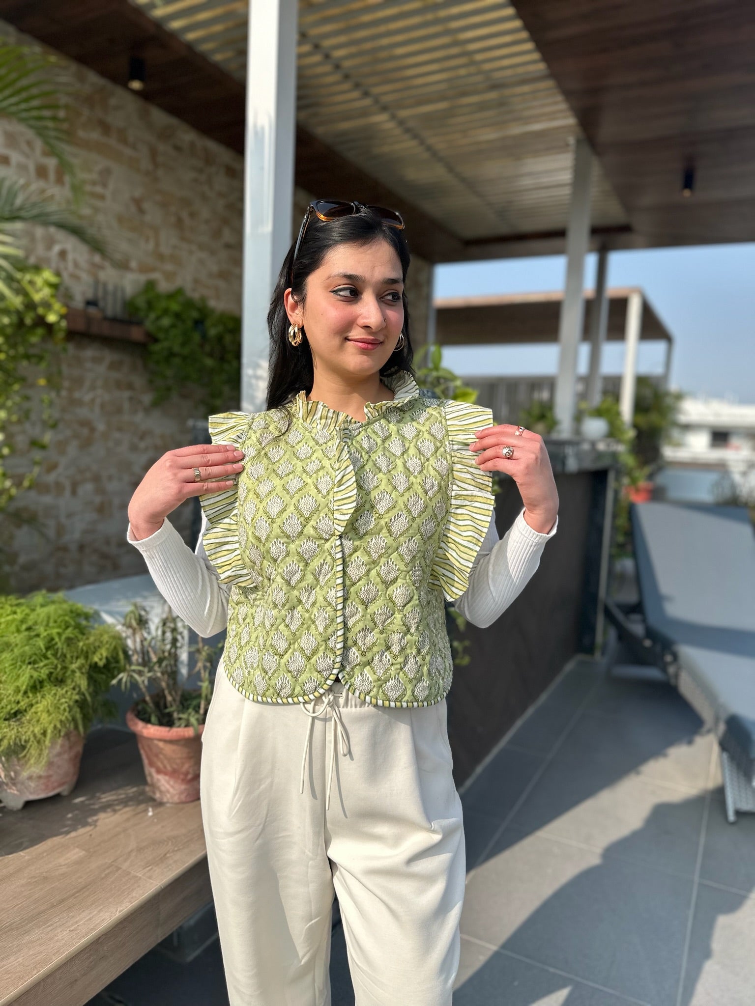 Rich Mehendi Quilted Frill Jacket
