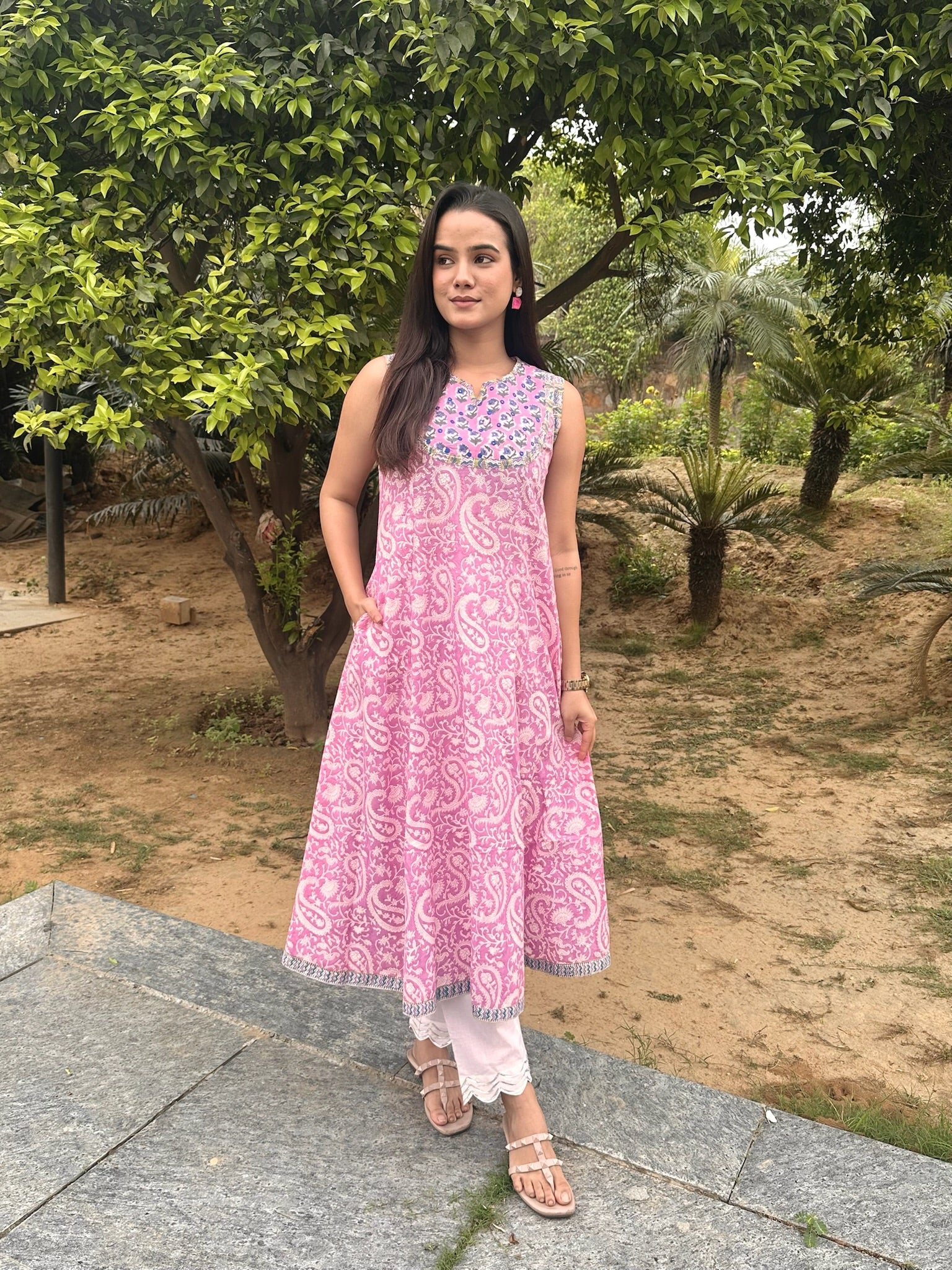 Salmon Pink Yoke Sleeveless Anarkali