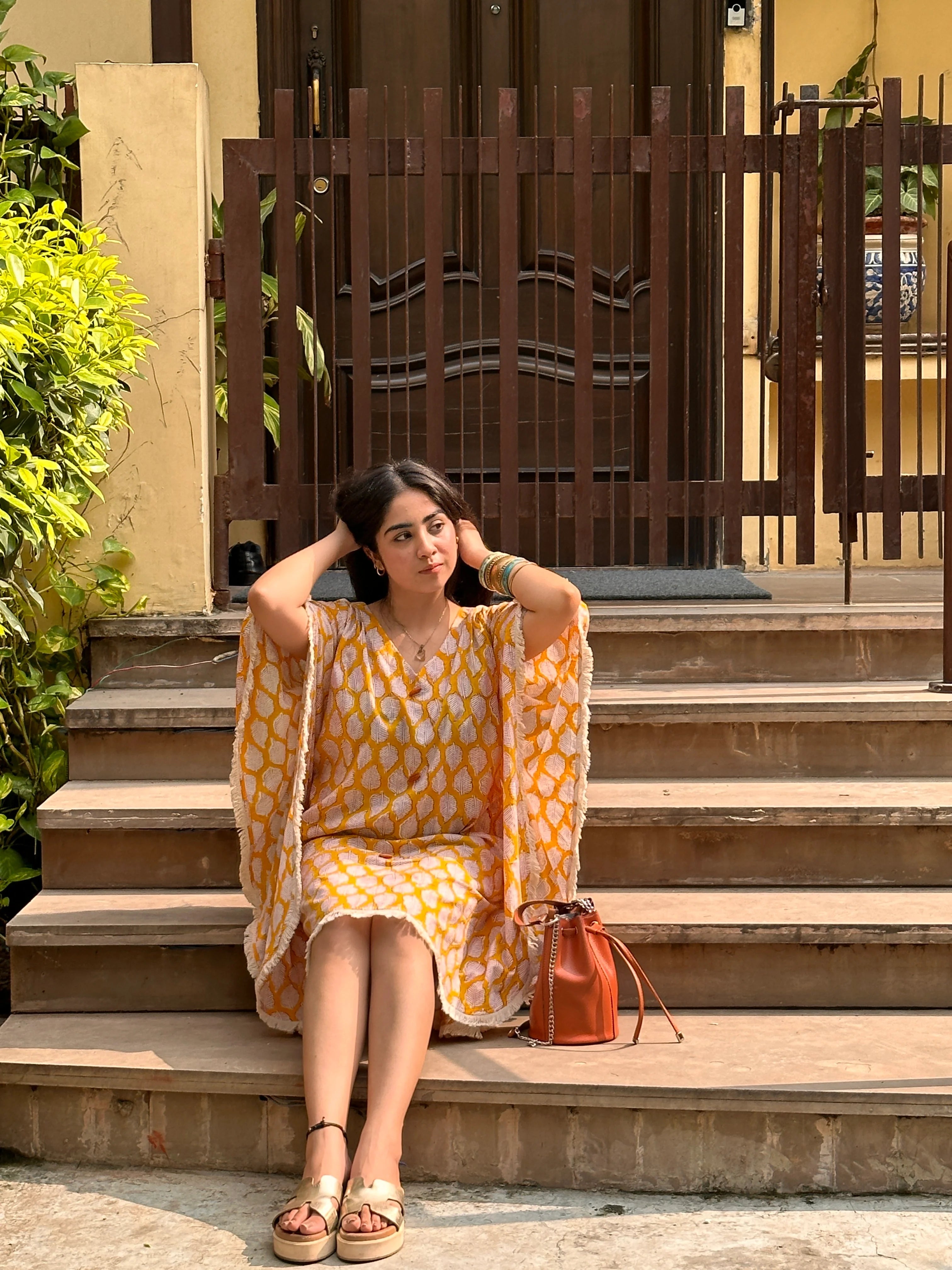 Symmetry Pattern Yellow Kaftan Dress - Mannगिरी