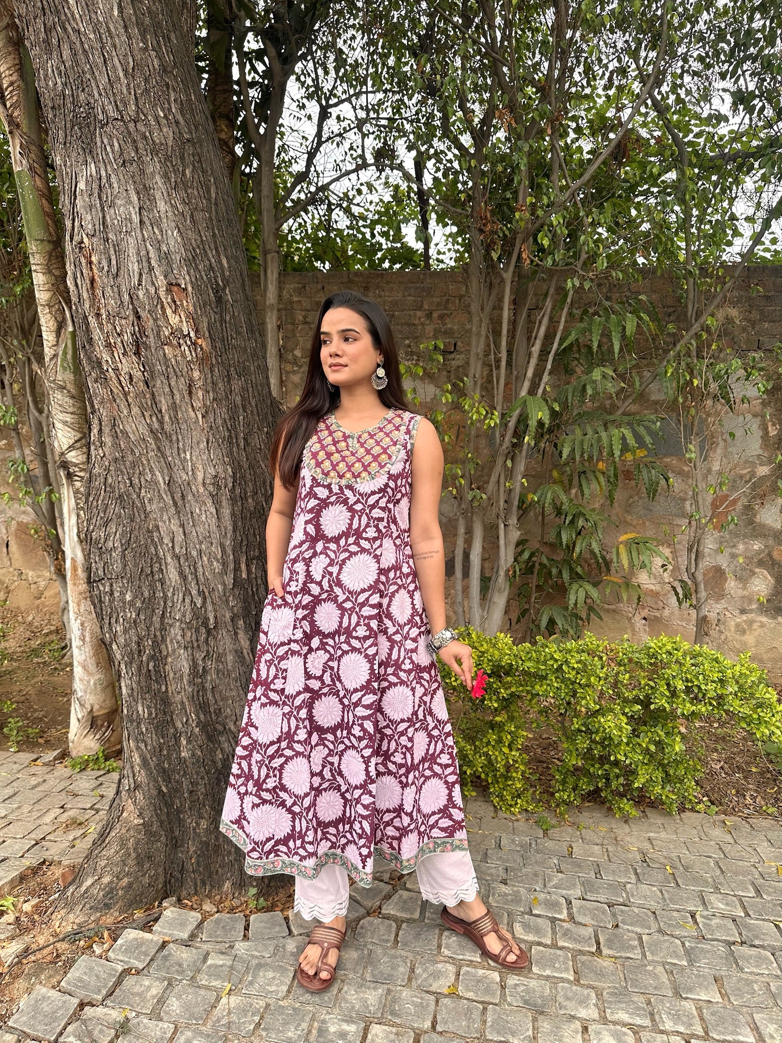 Vintage Maroon Yoke Sleeveless Anarkali