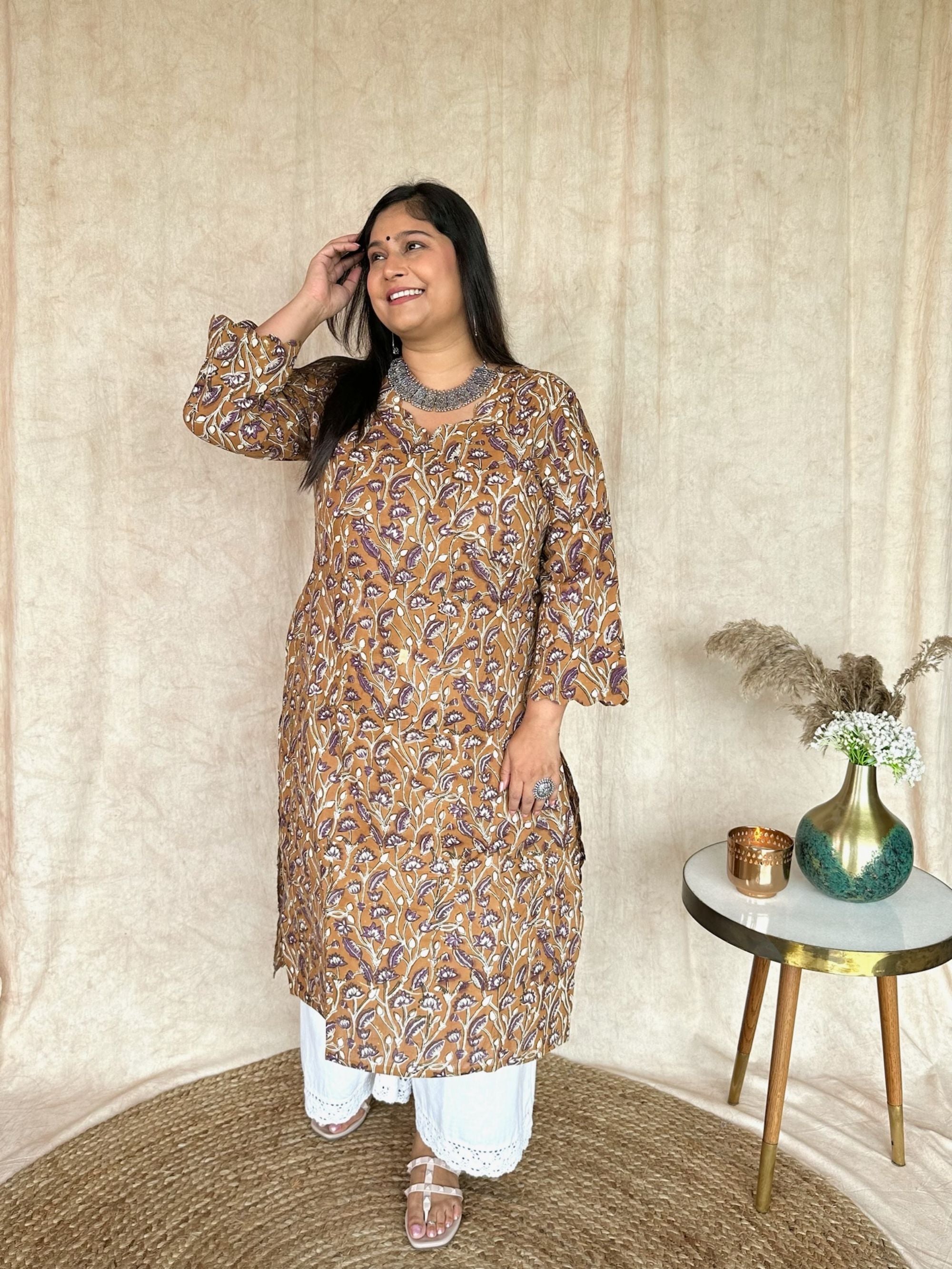 Bagru Print Long Kurta - Clay Earthen Brown