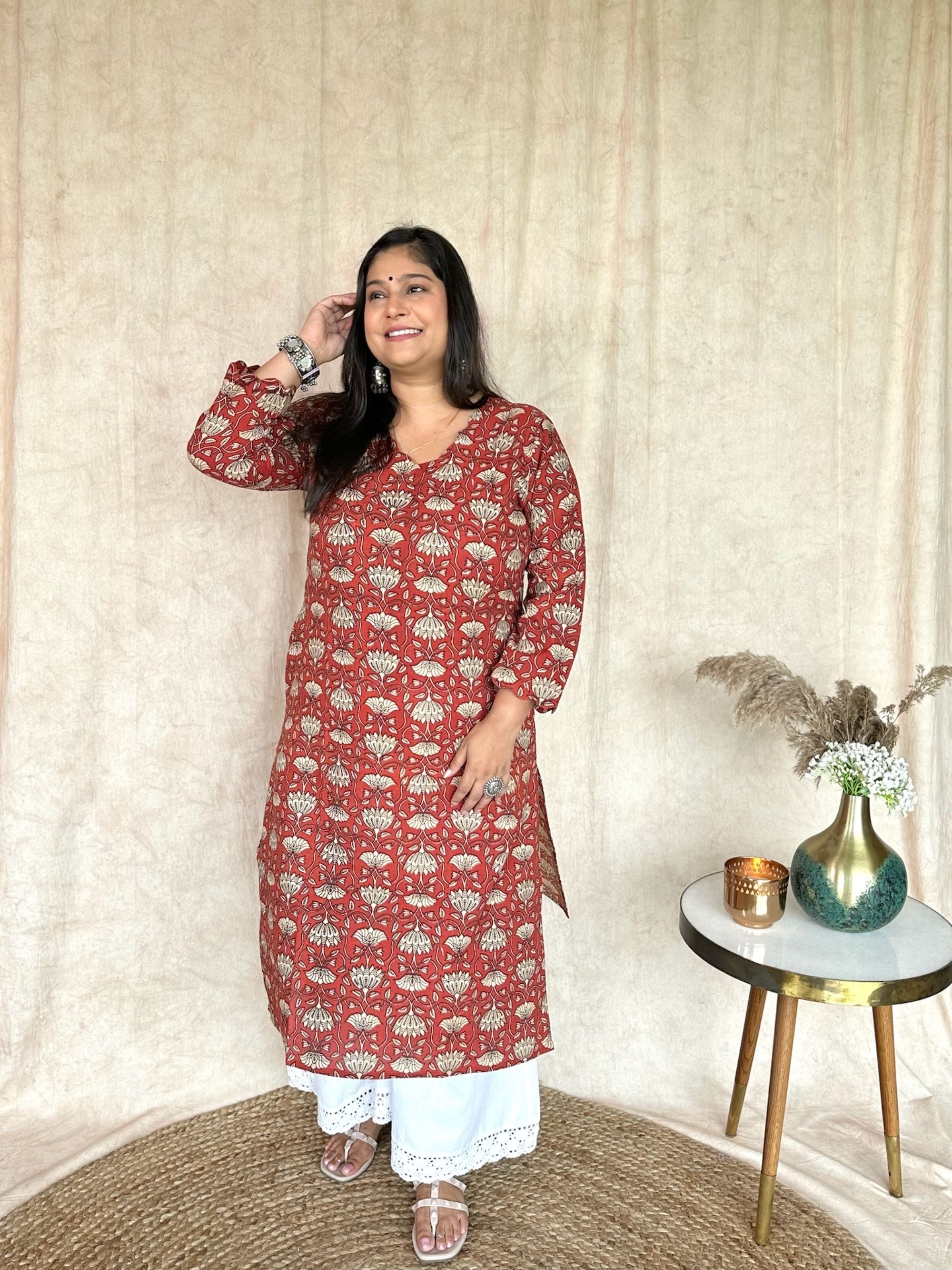 Bagru Print Long Kurta - Terracotta