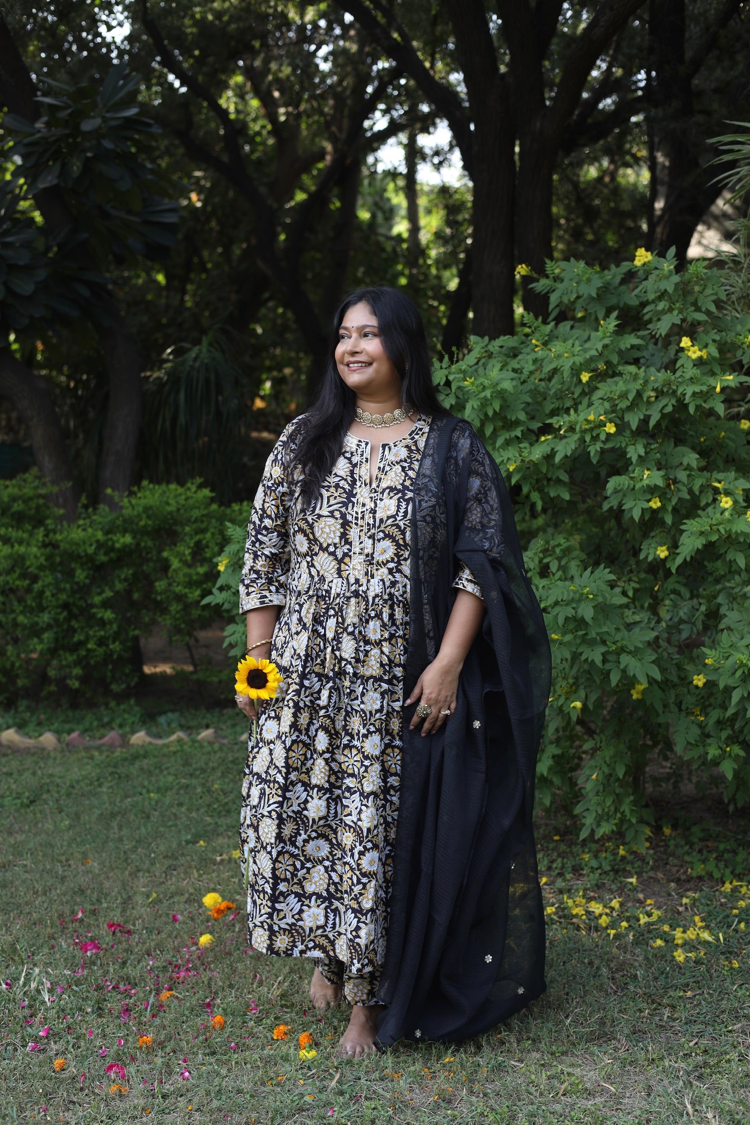 Black Floral Gather Suit Set