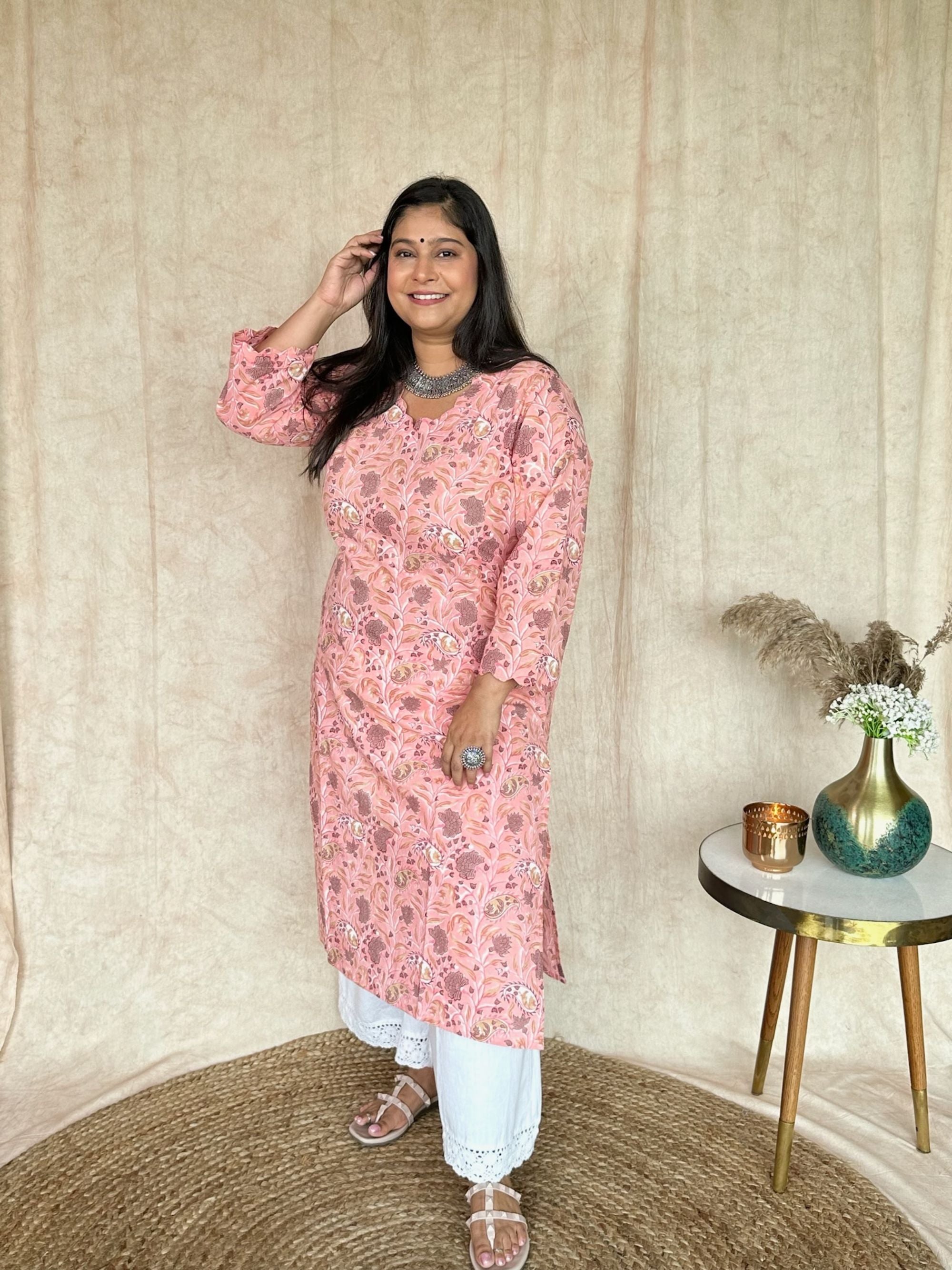 Guava Pink Block Printed Long Kurta