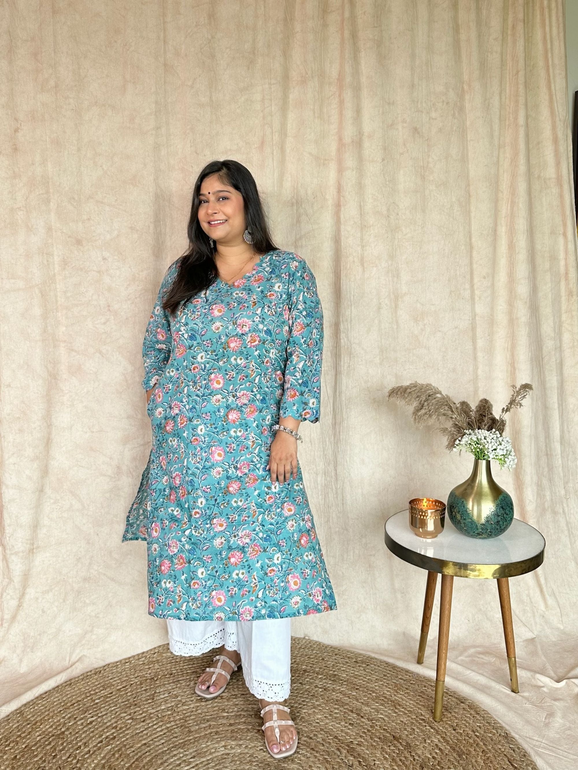 Hippie Blue Block Printed Long Kurta