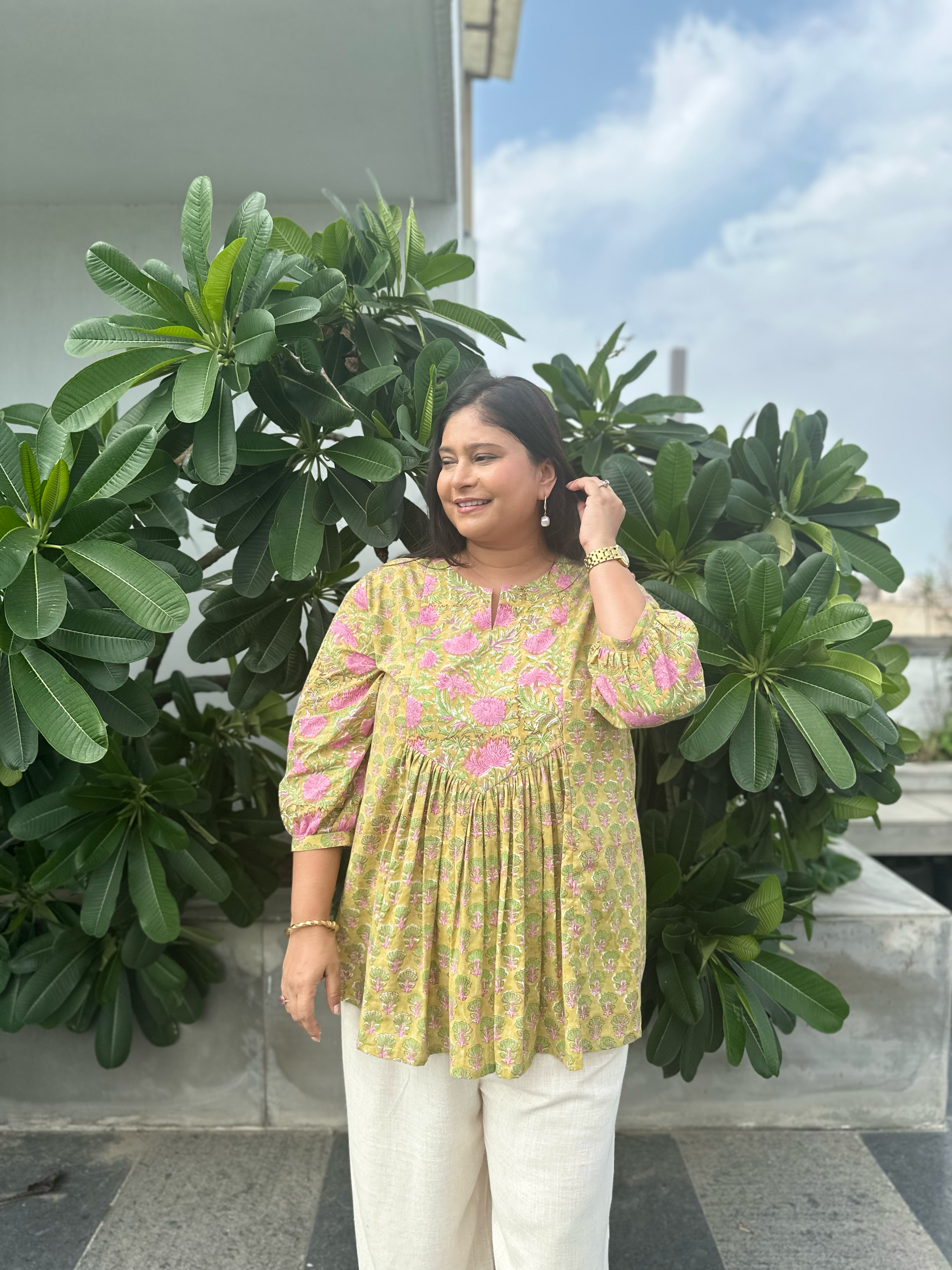 Sand Green Gather Short Kurti