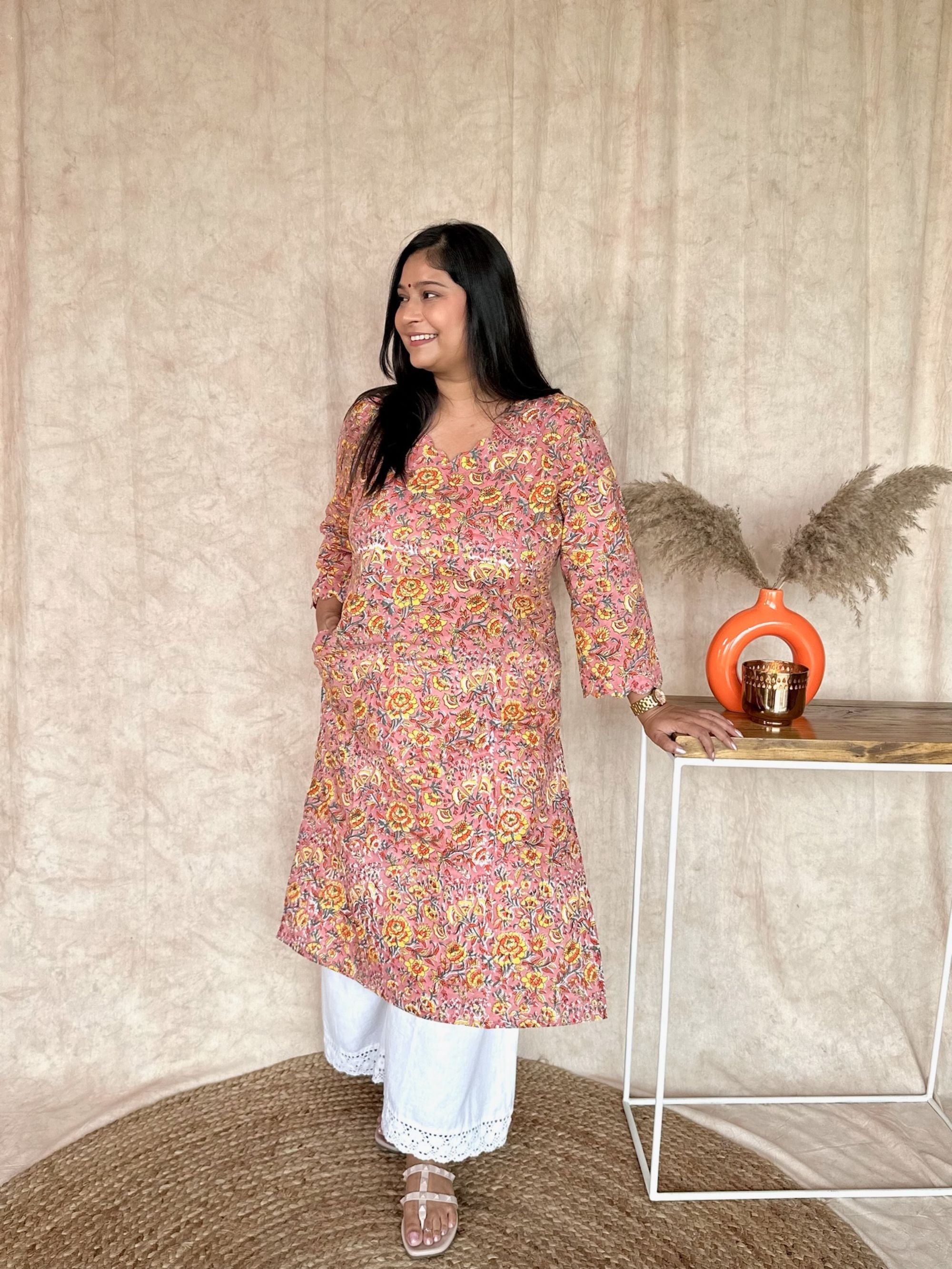 Turkish Rose Block Printed Long Kurta