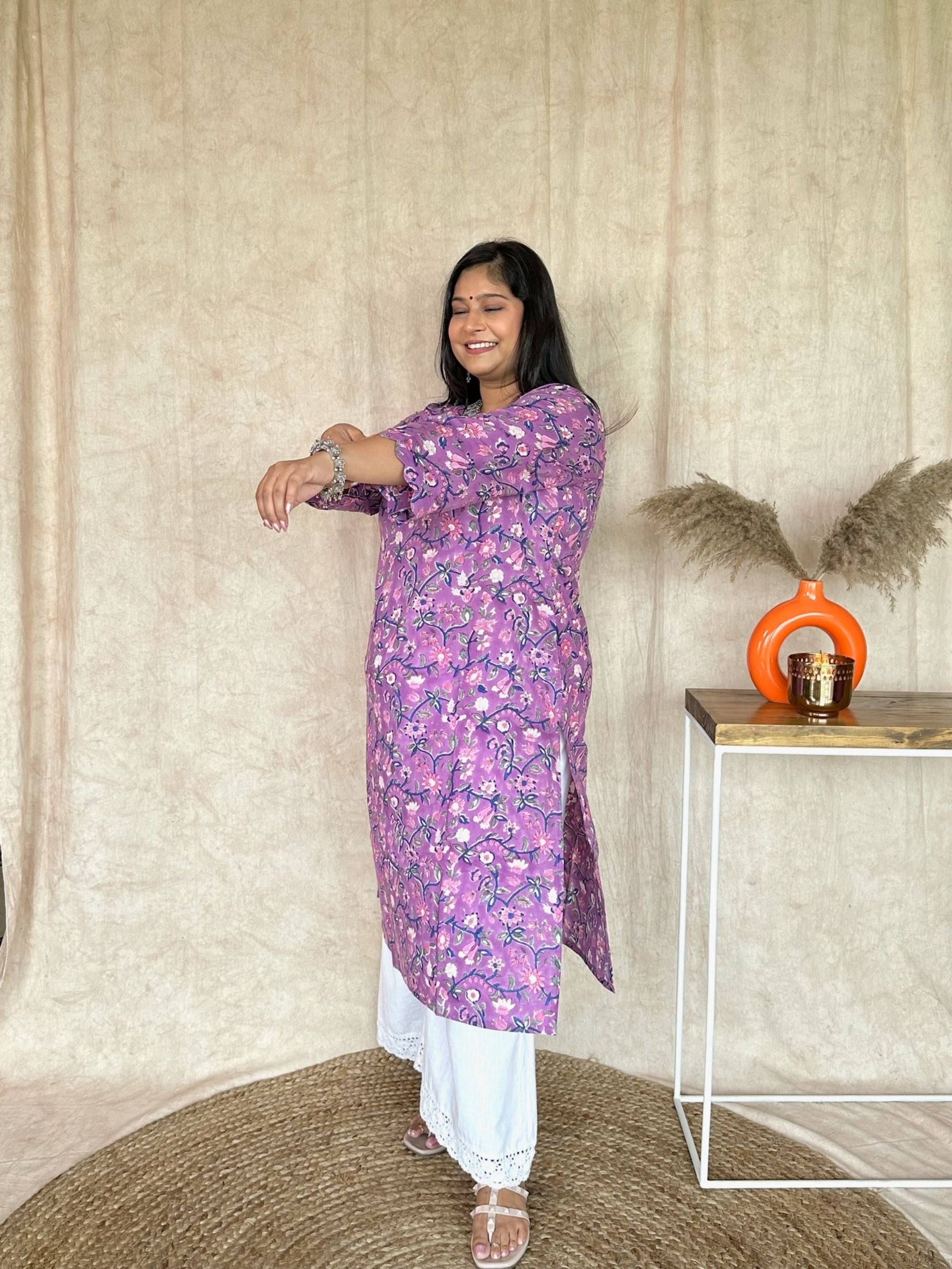 Vivid Violet Block Printed Long Kurta