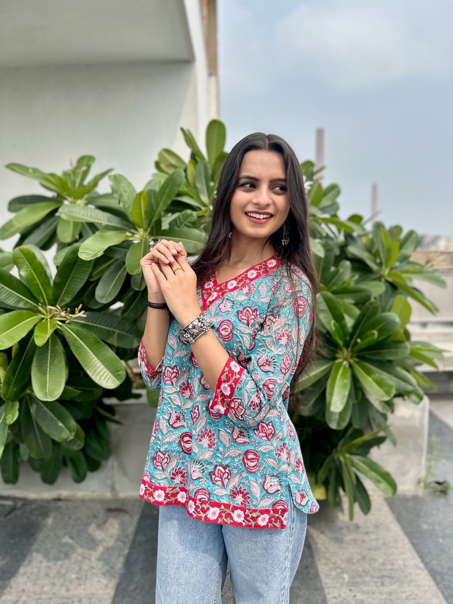 Blue Petal Whispers Short Kurti