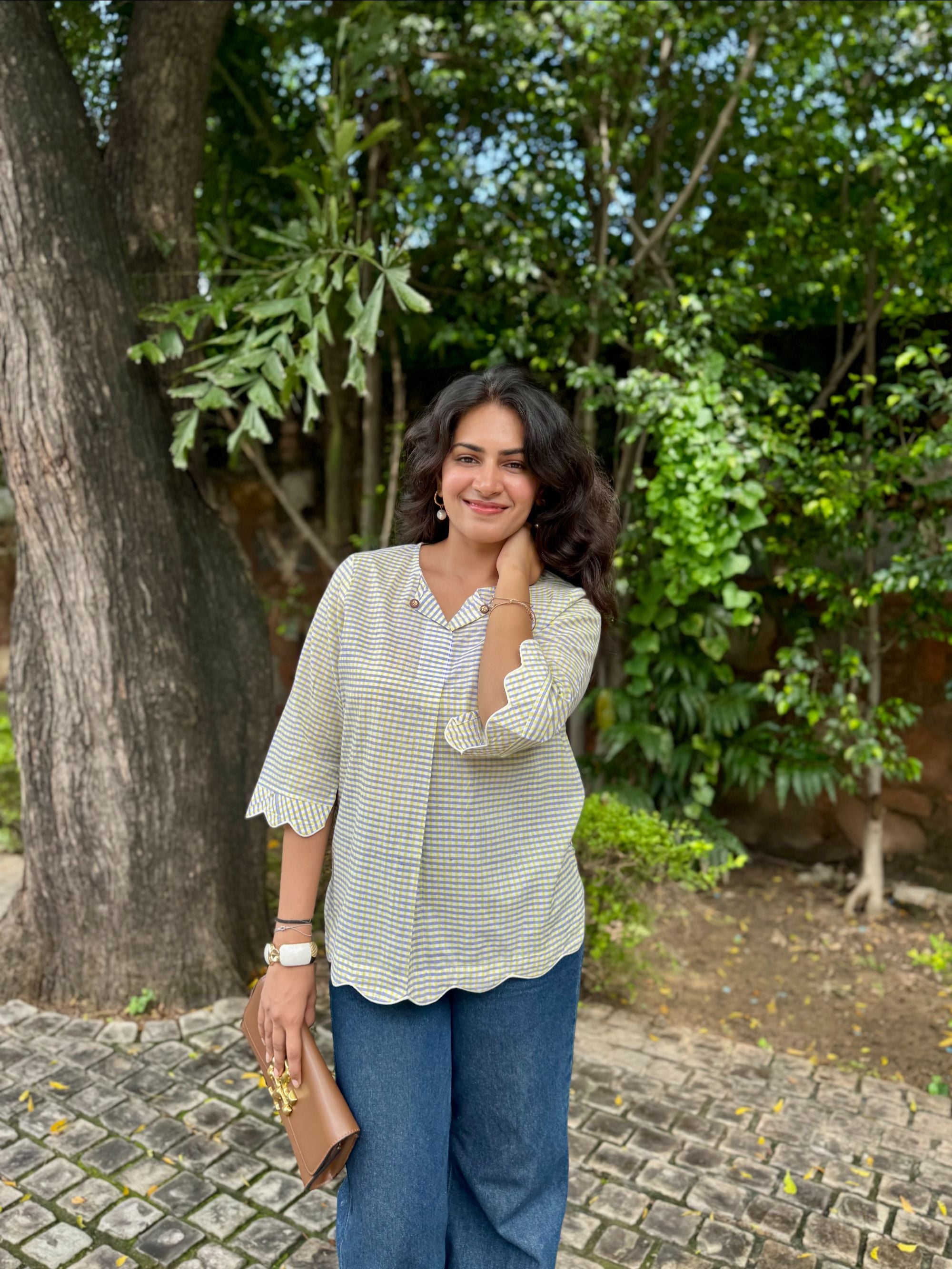 Blue Yellow Gingham Scallop Top