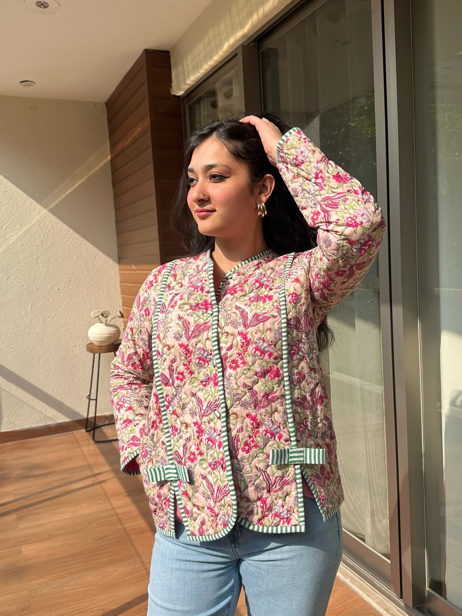 Floral Taupe Bow Quilted Jacket