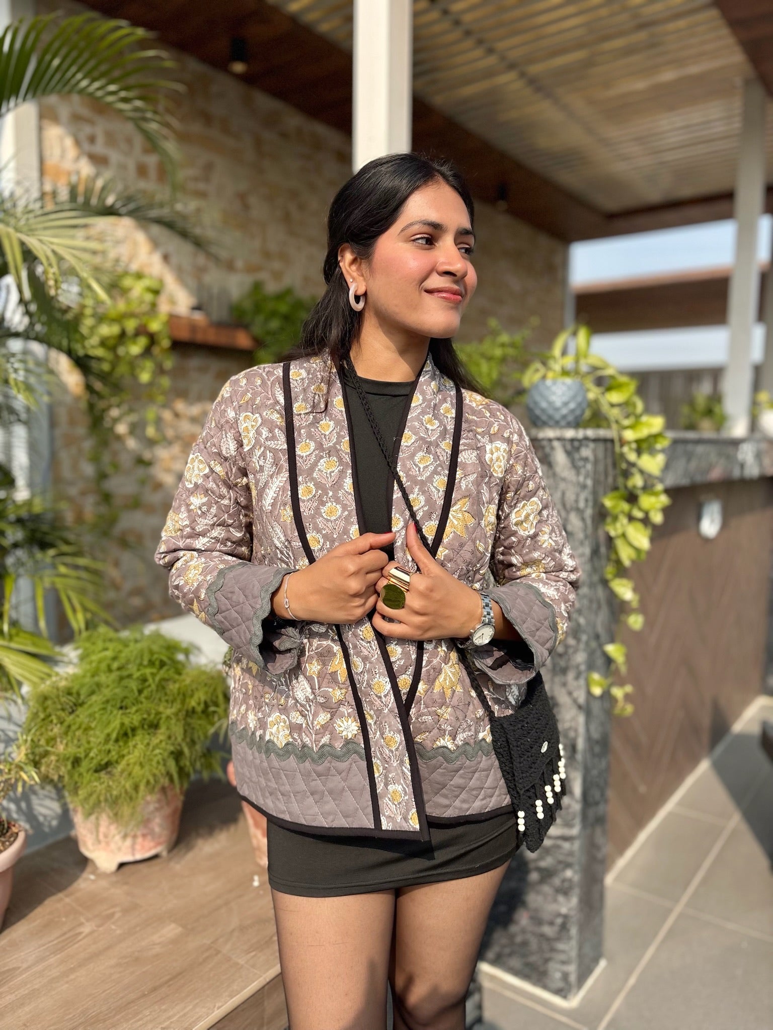 Grey Yellow Quilted Shrug