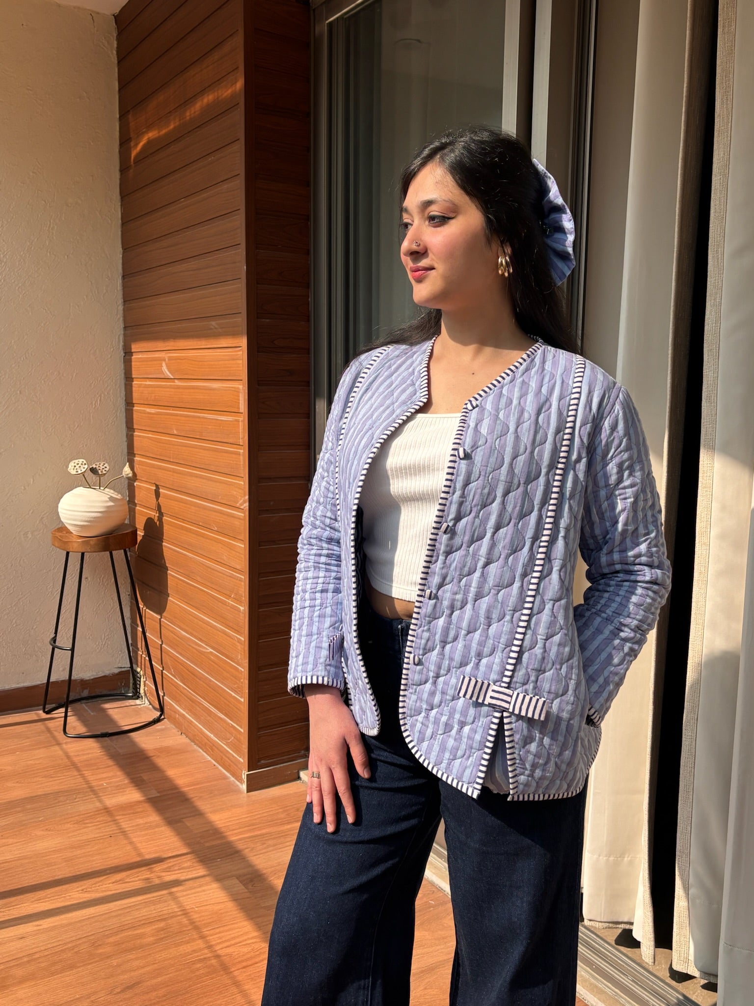 Misty Blue Bow Quilted Jacket