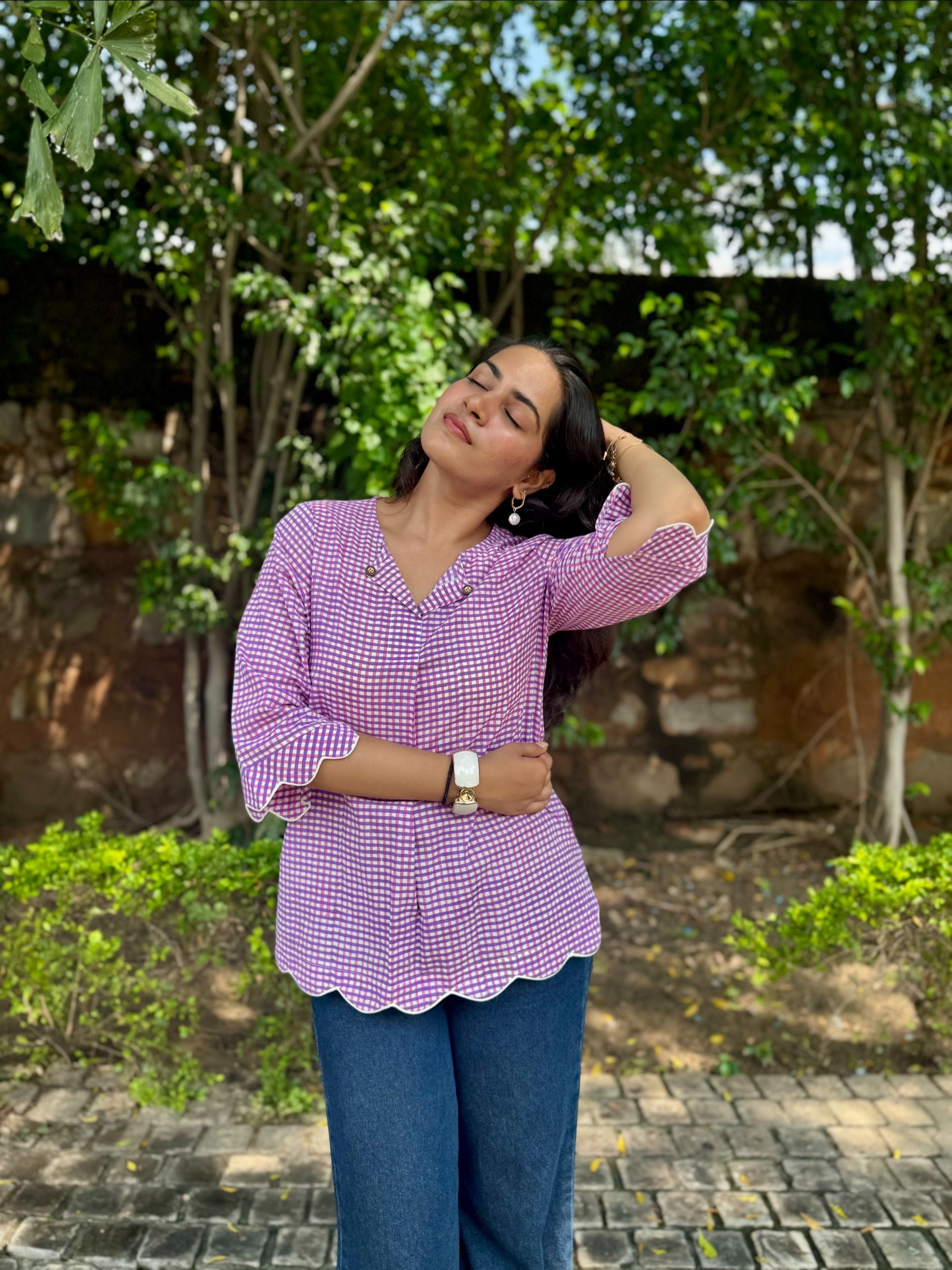 Pink Purple Gingham Scallop Top