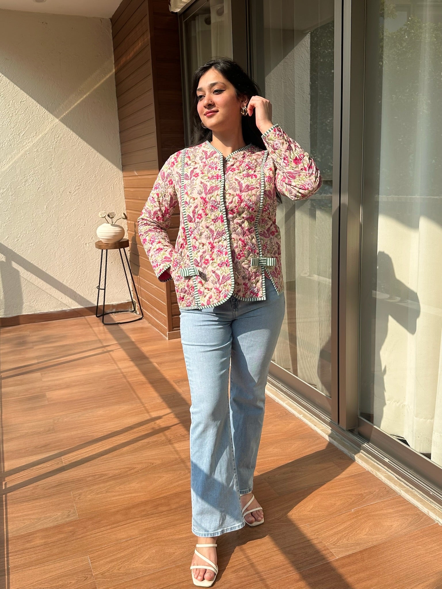 Floral Taupe Bow Quilted Jacket