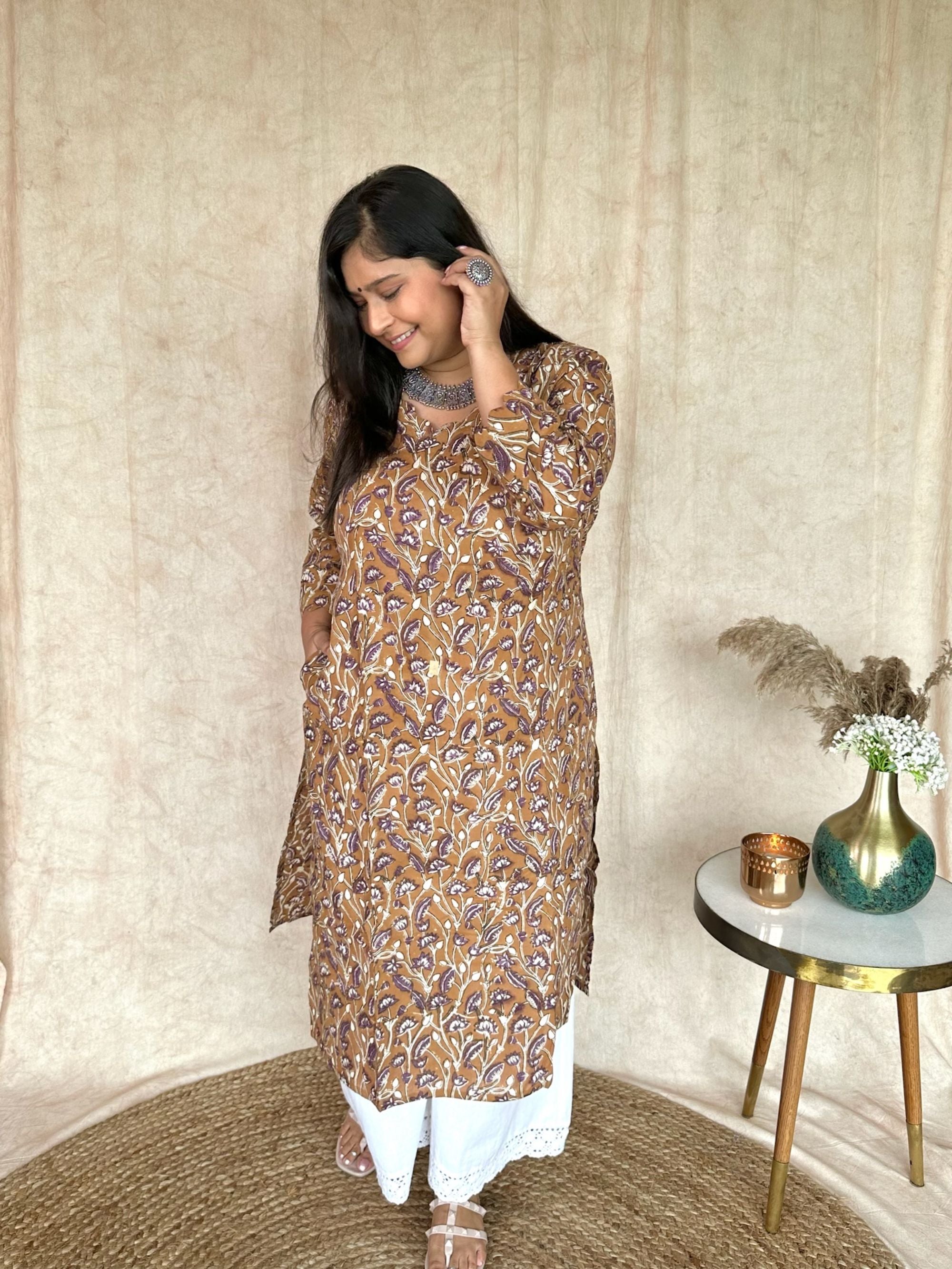 Bagru Print Long Kurta - Clay Earthen Brown