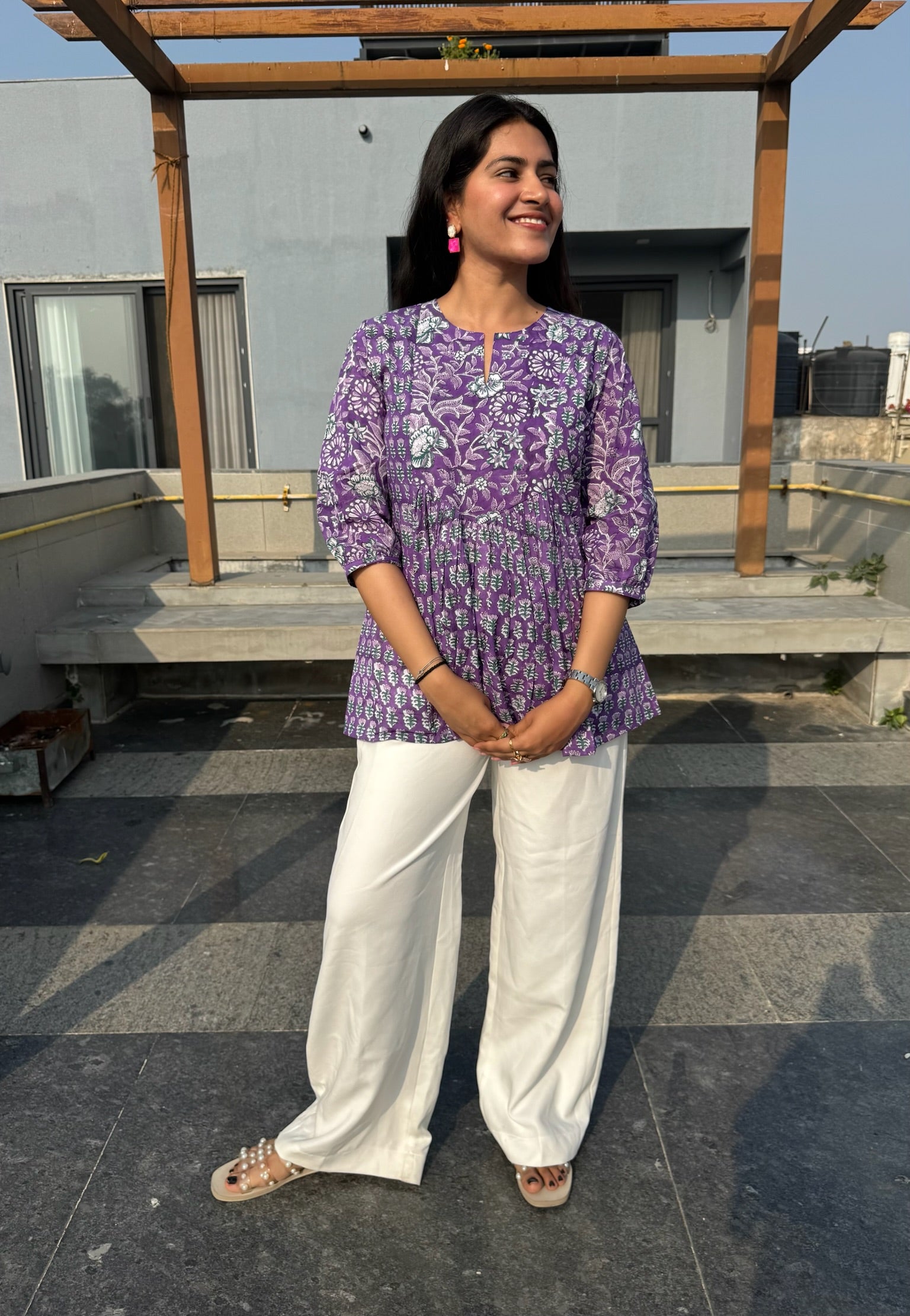 French Purple Gather Short Kurti