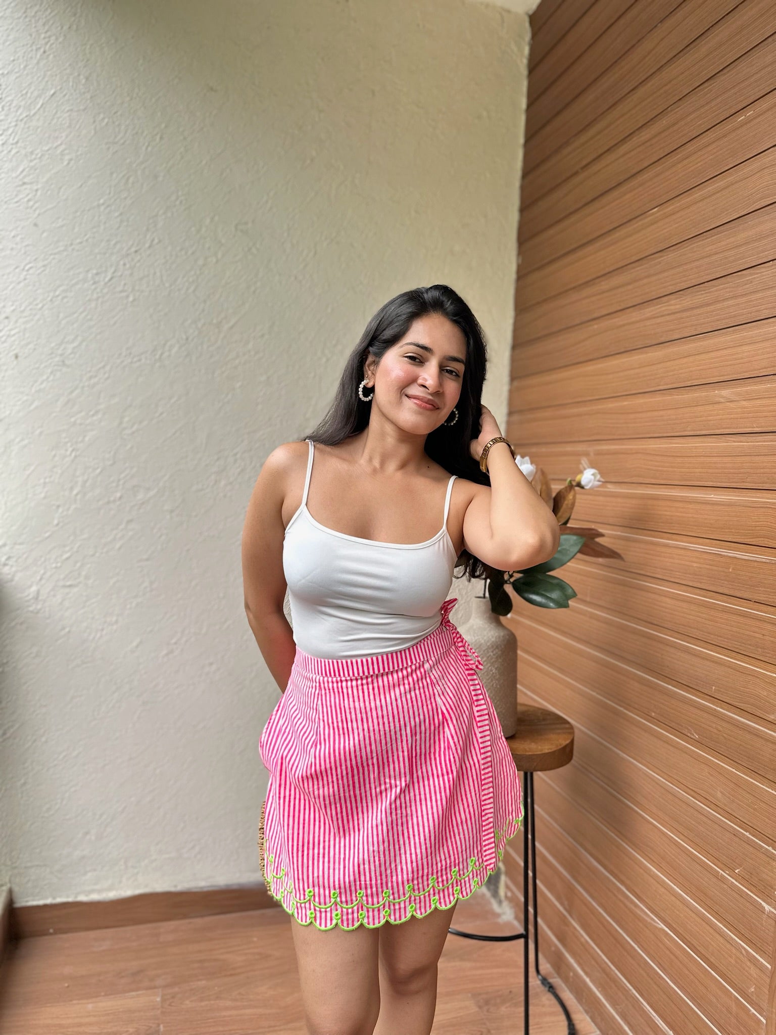 Pink Green Striped Embroidery Skort
