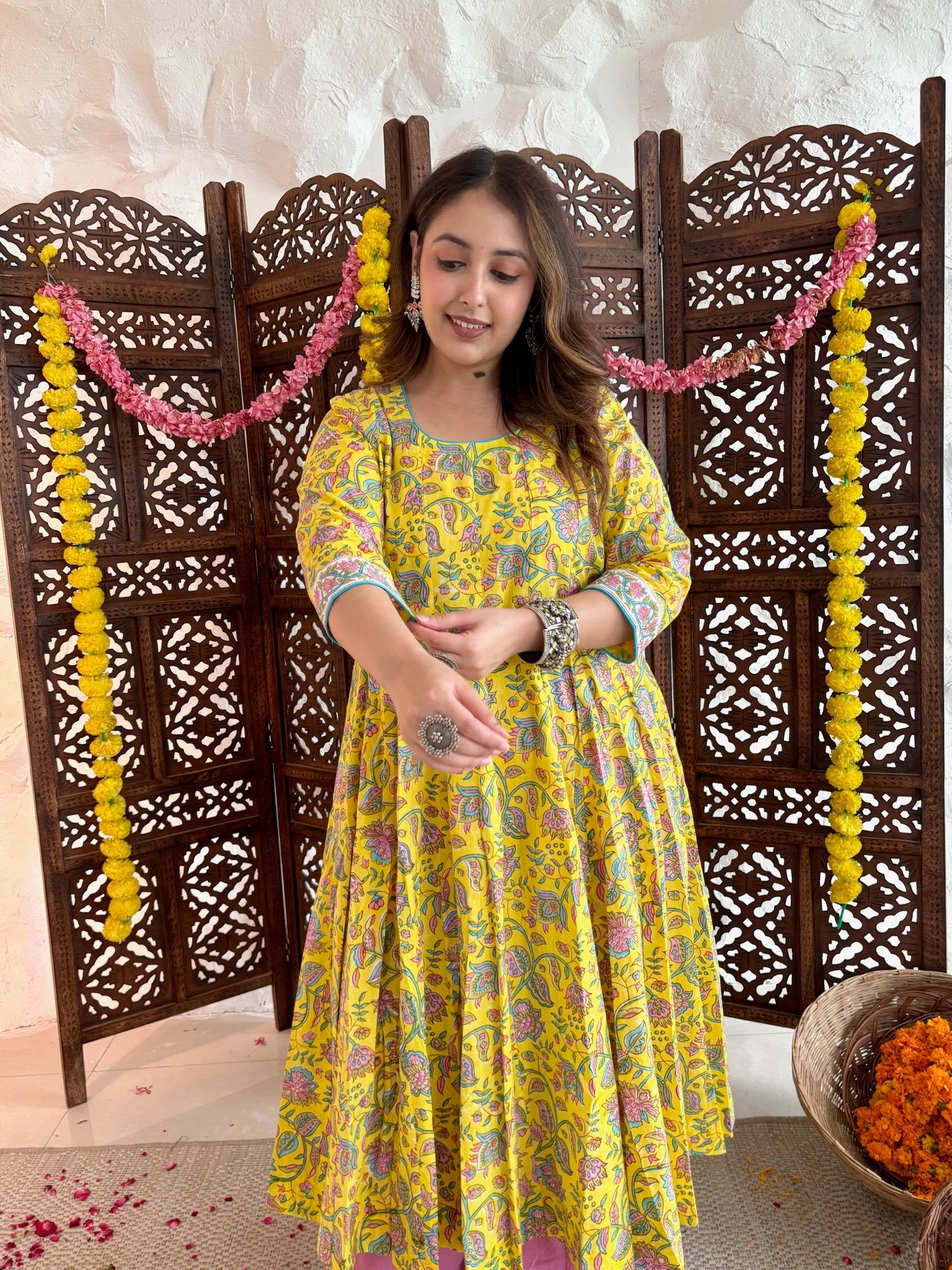 All over printed Anarkali-Yellow