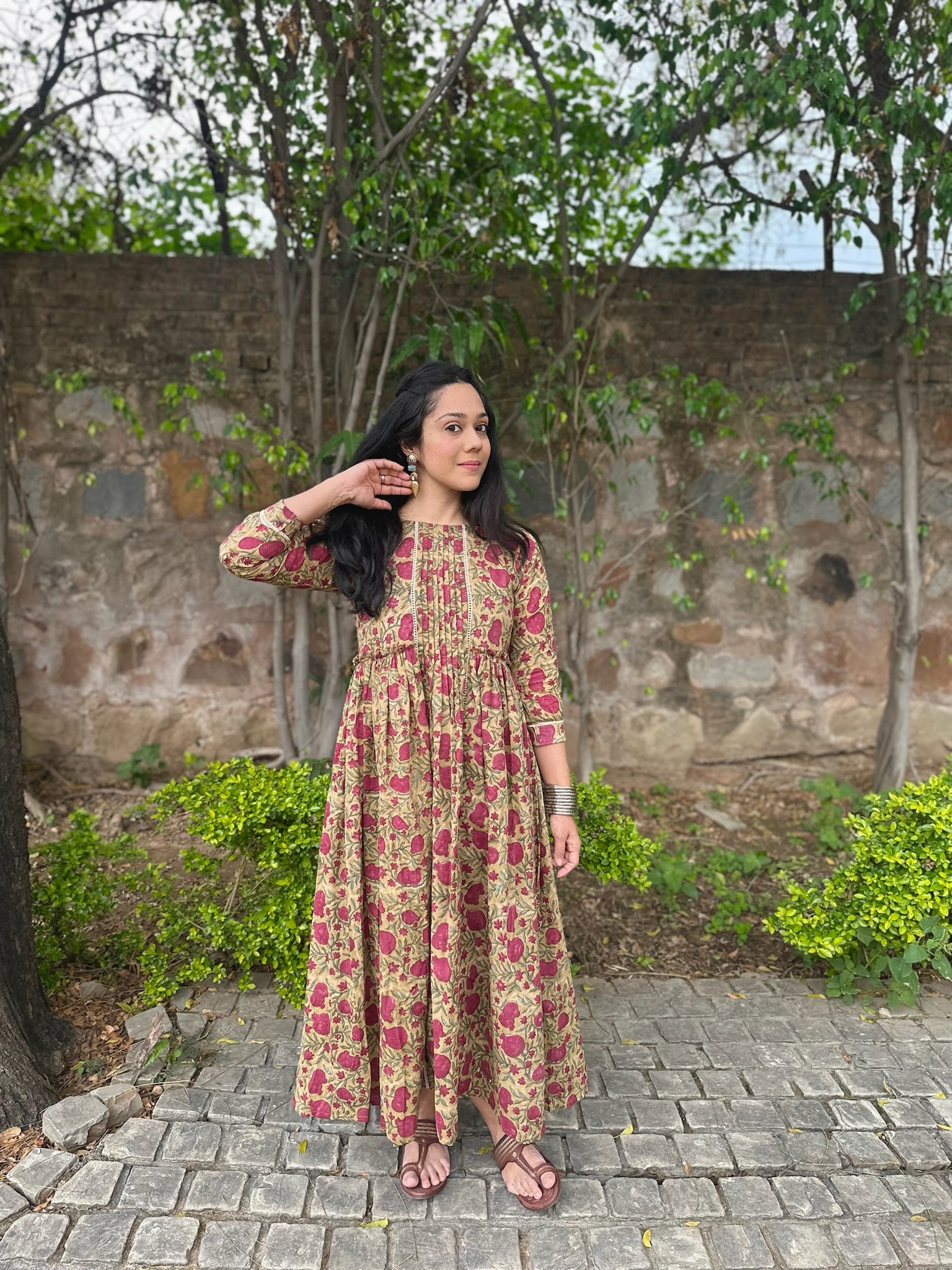 Beet Floral Mulmul Maxi Dress