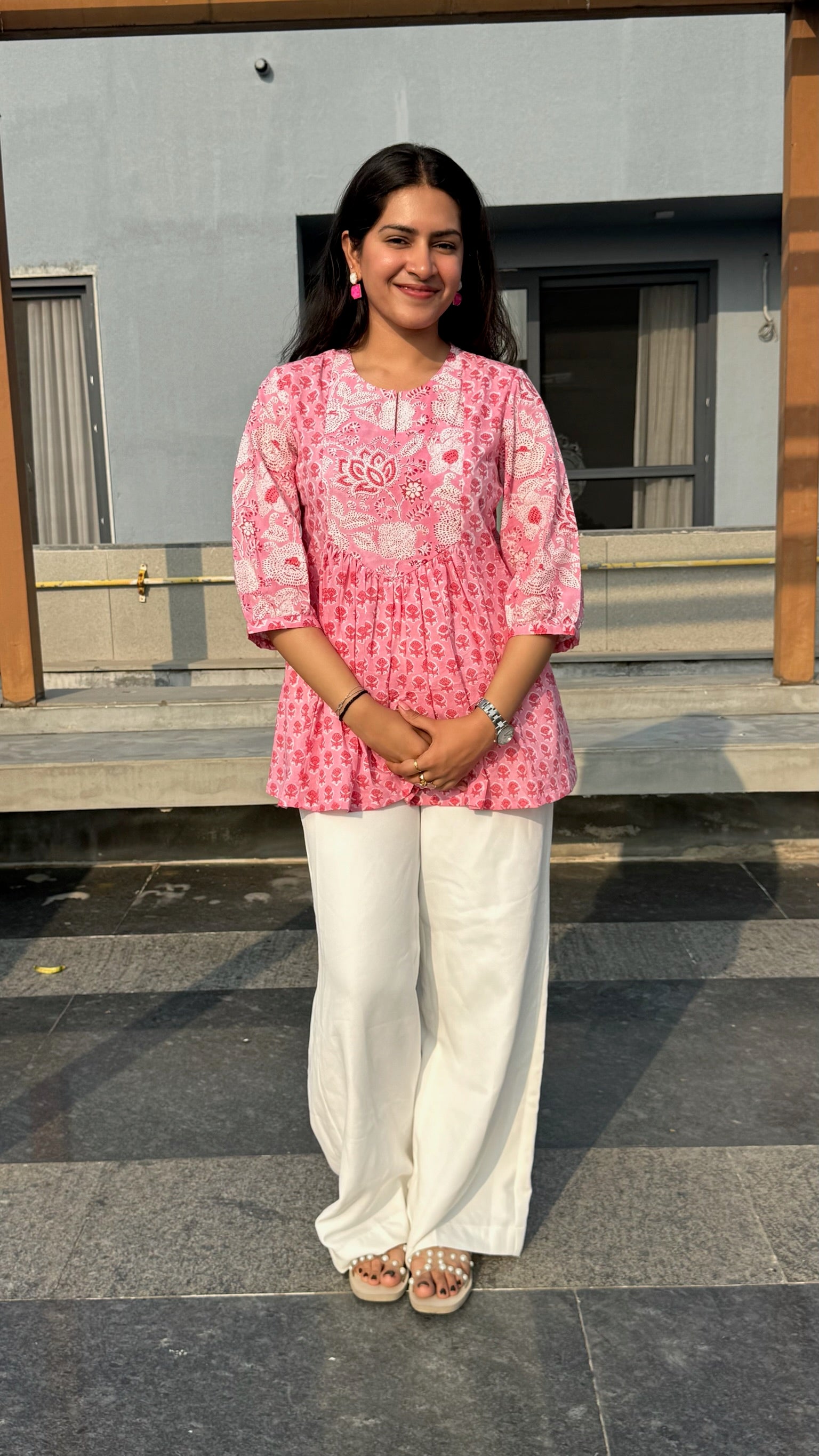 Peach Pink Gather Short Kurti