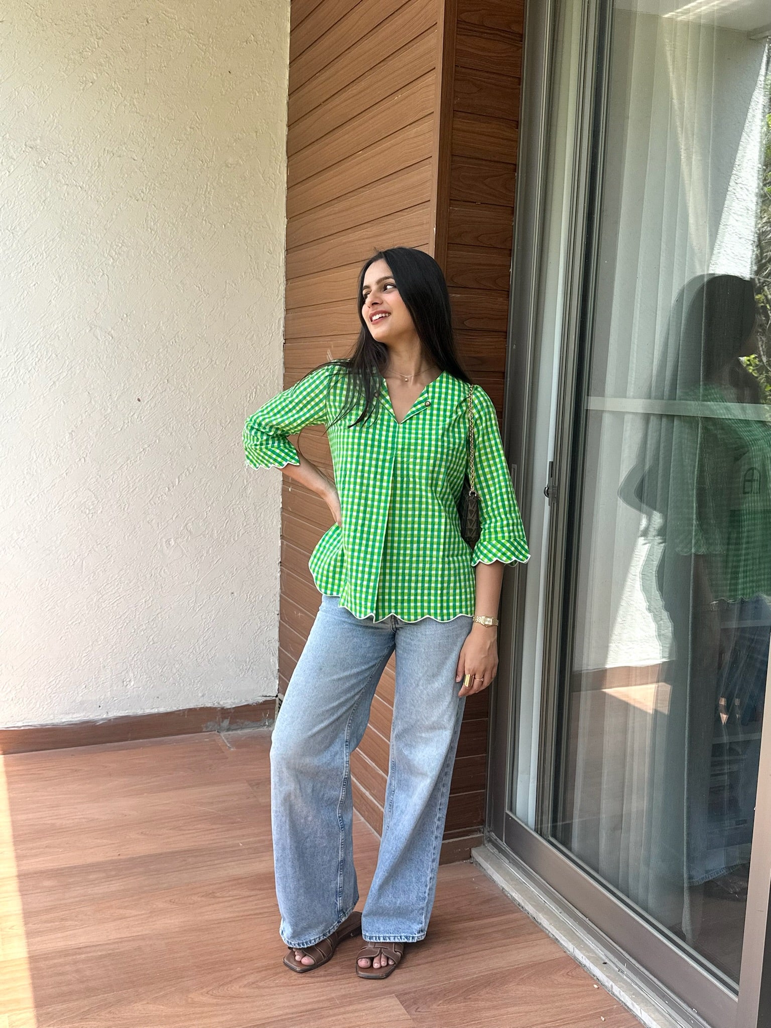 Parrot Green Gingham Scallop Top