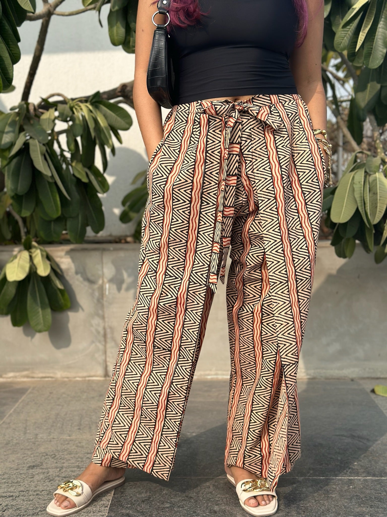 Black Brown Striped Wrap Pants