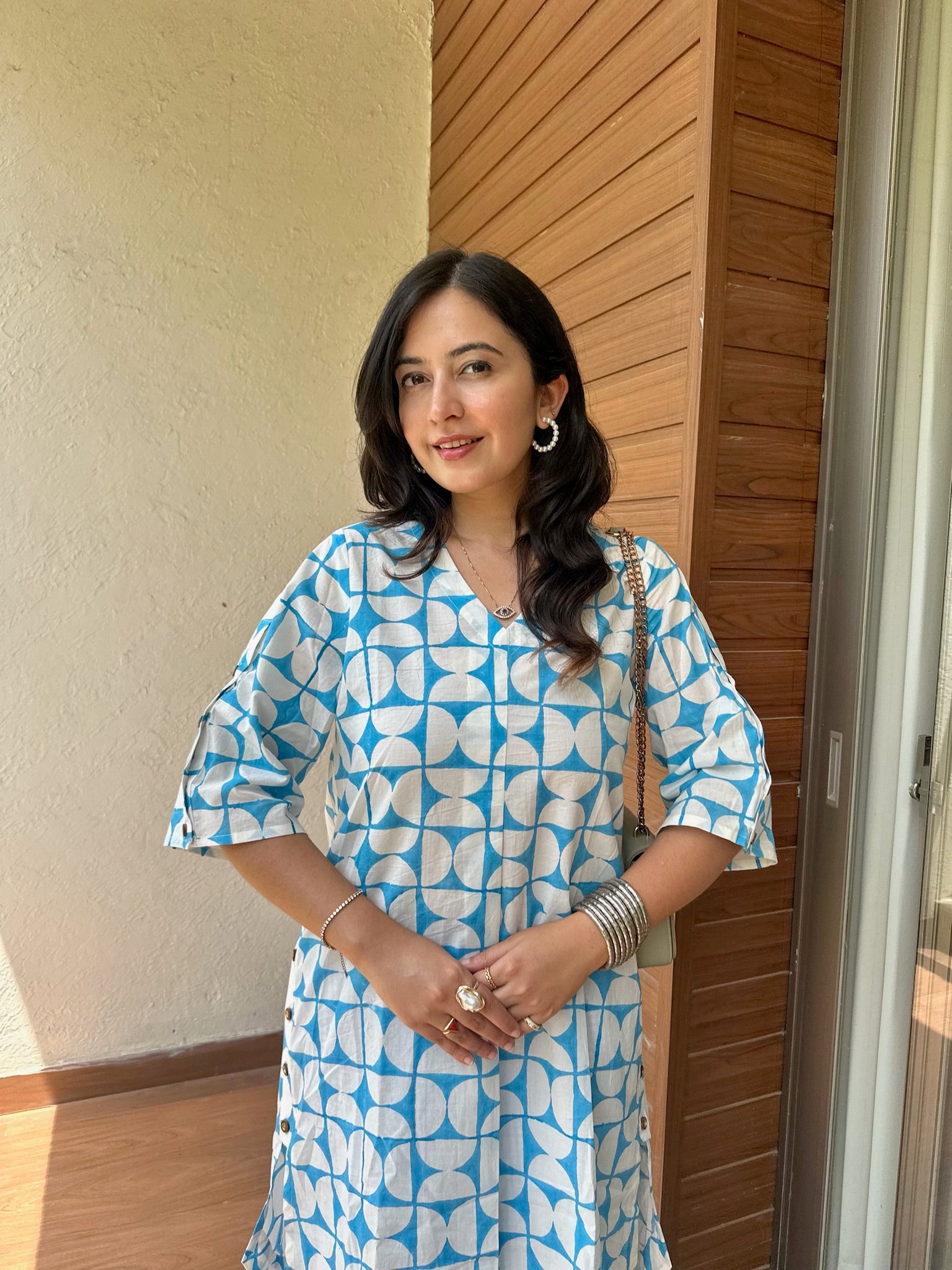 Geometric Blue Side Placket Boxy Co-Ord Set