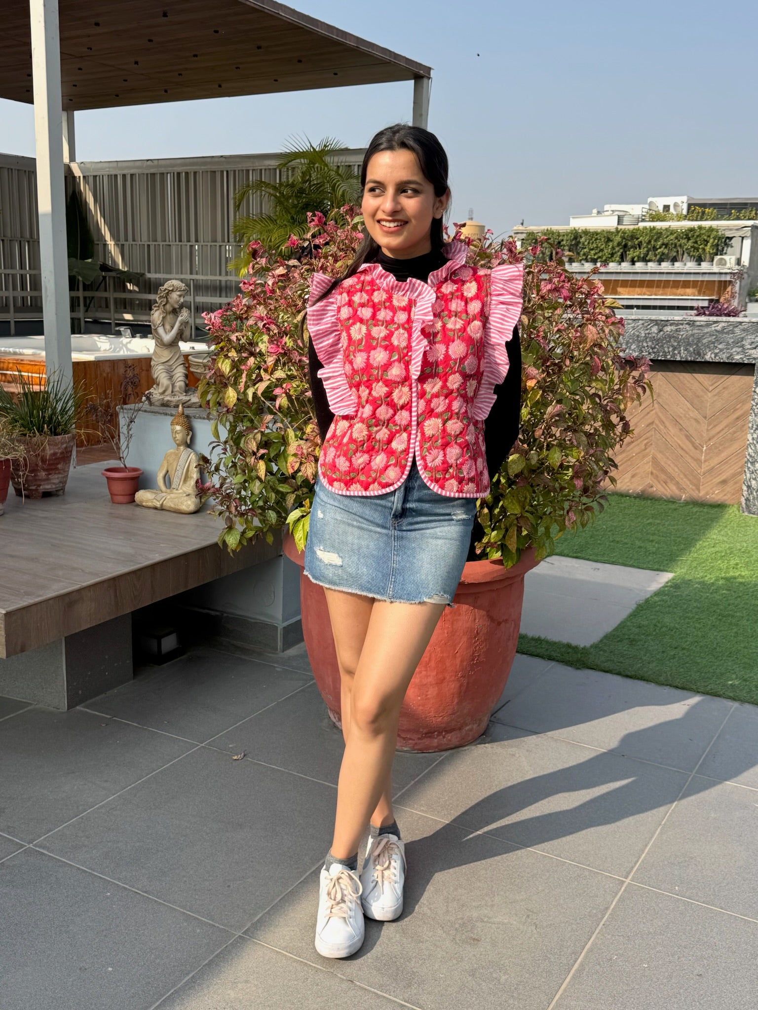 Soft Kumkum Quilted Frill Jacket