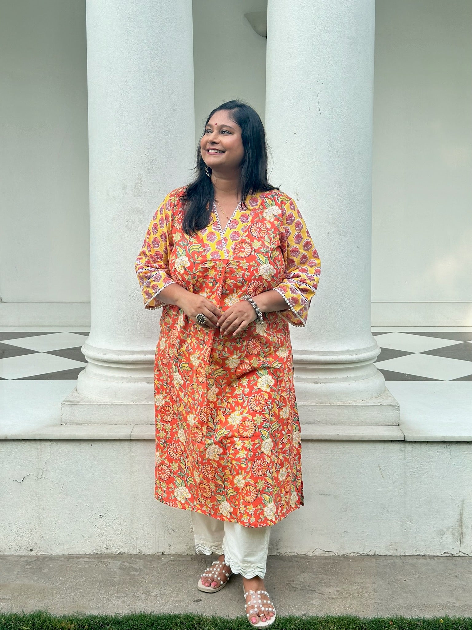 Yellow Orange Front Pleat Kurta
