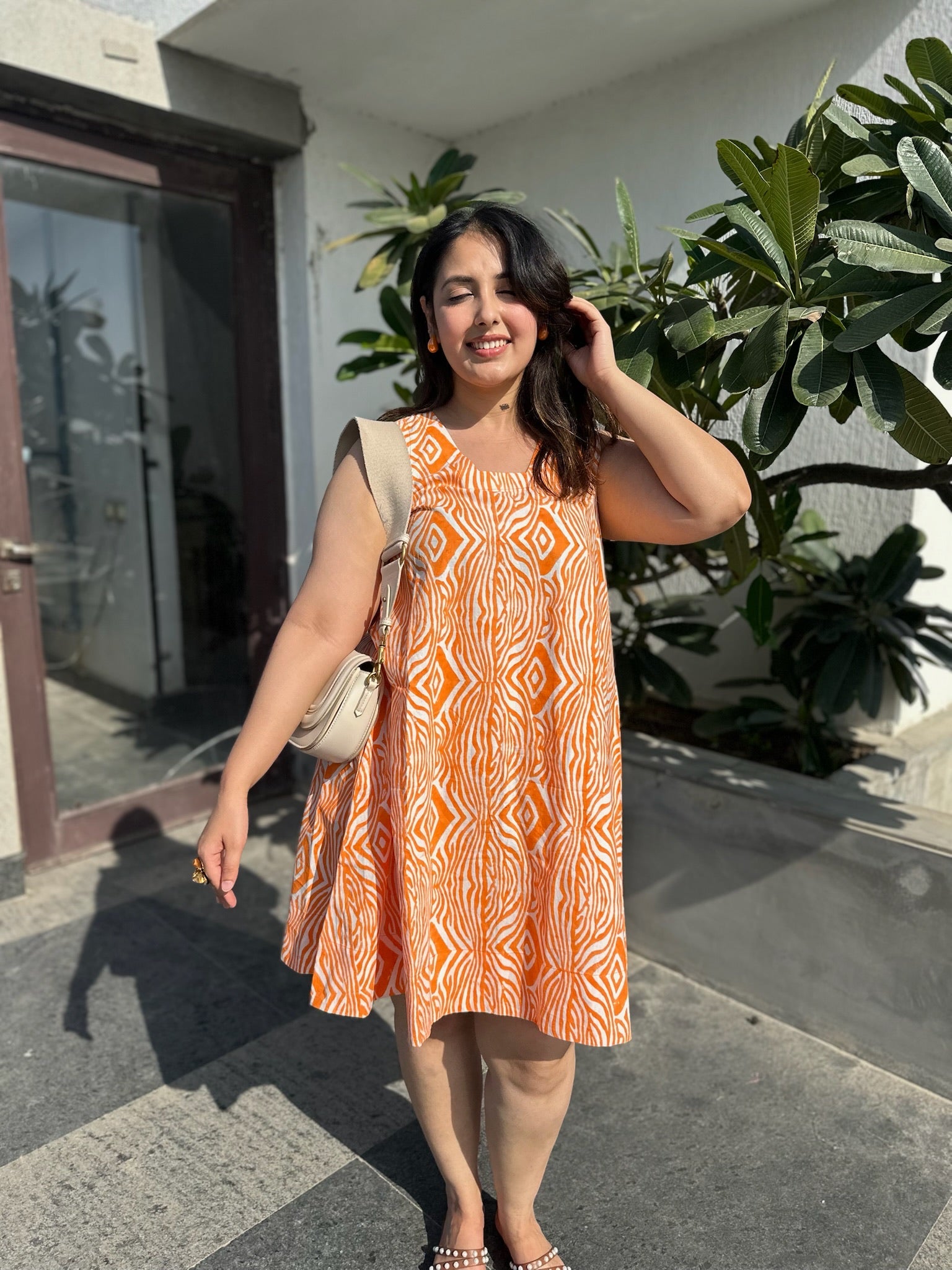 Abstract Striped Orange Shift Dress