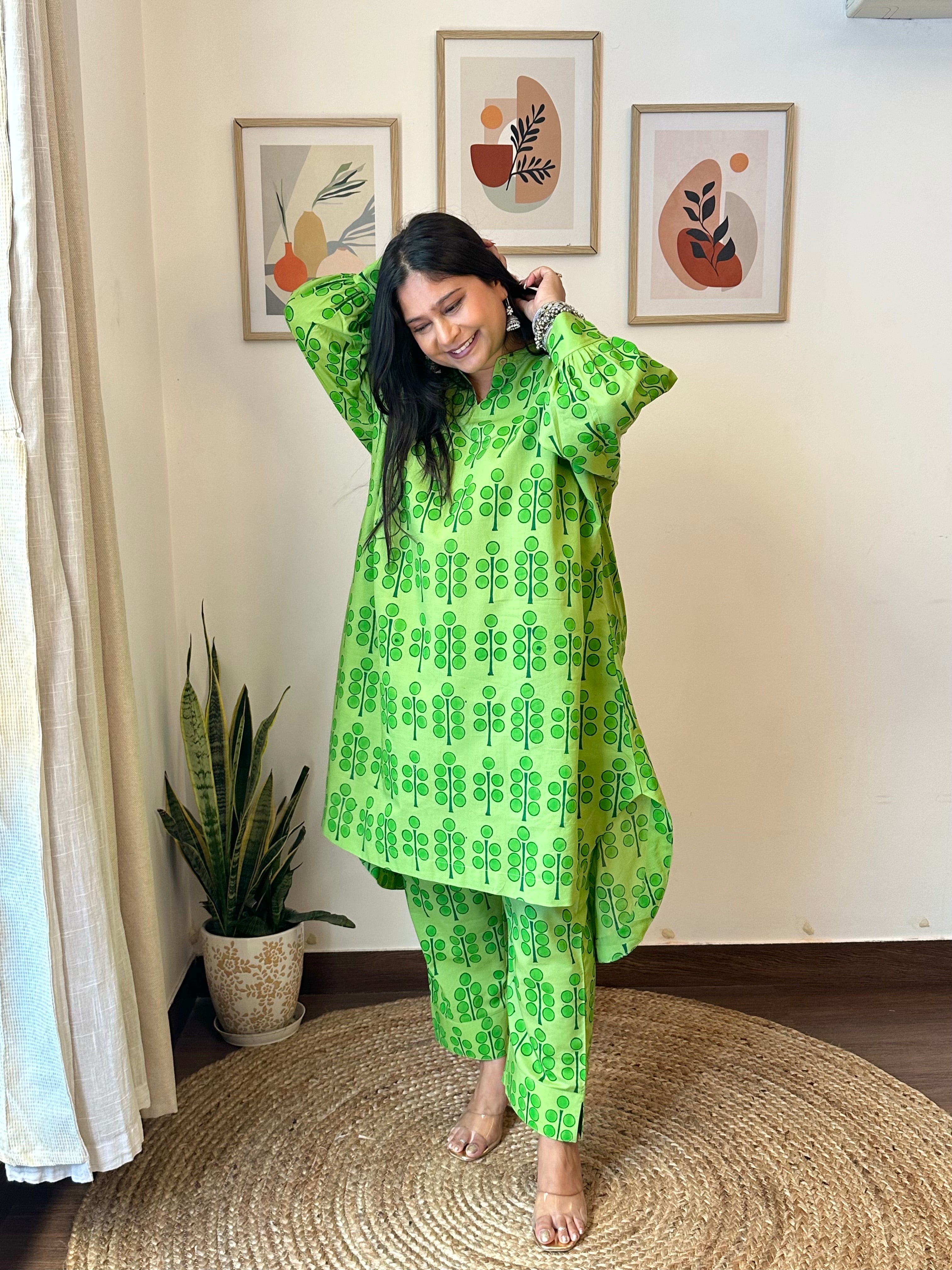 Boxy Polka Stem Green Block Printed Co-ord Set